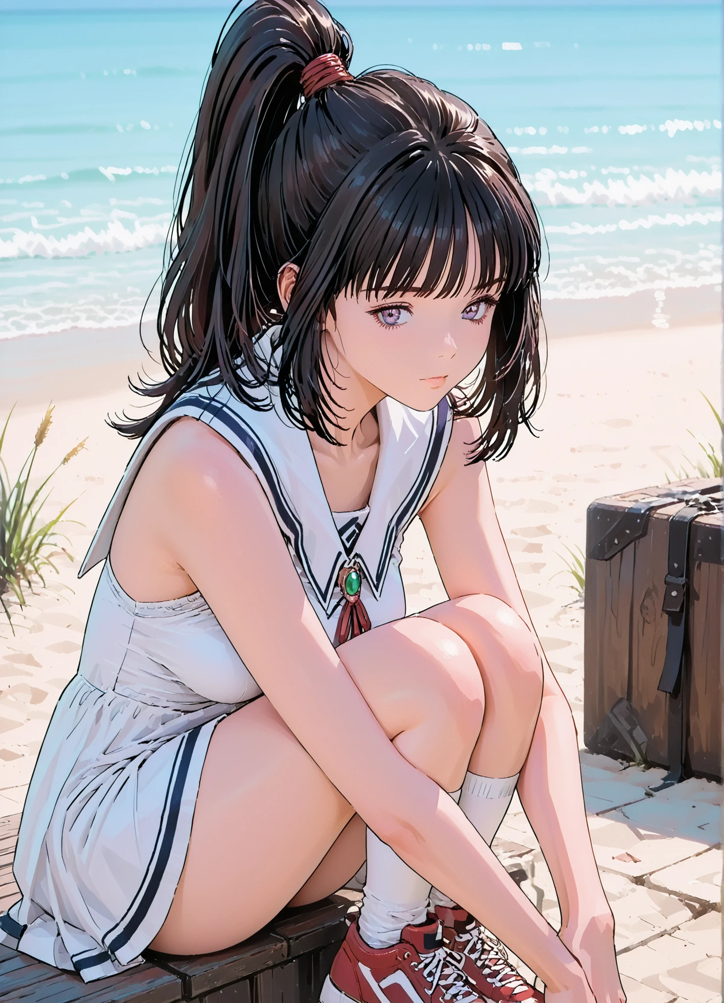 (masterpiece, Highest Quality:1.2), one girl, ((Long Hair))ponytail tied with a red ribbon, ((Knee Socks)), Exposed Shoulders, ((gem)), (( no sleeve )), white sailor dress,red sneakers,Looking at the ocean in the park on the hill