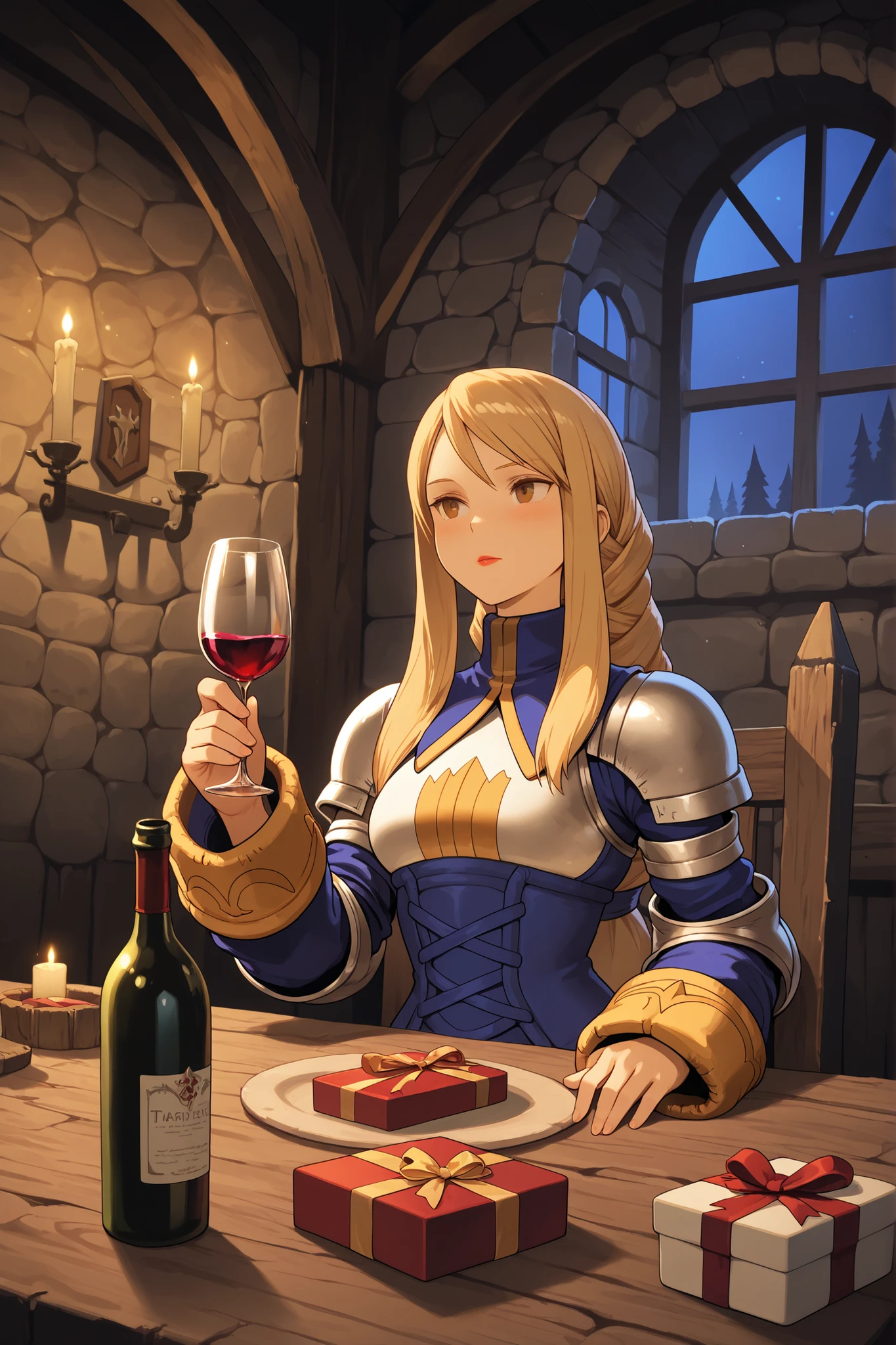 masterpiece, Character, Final Fantasy Tactics, Agrias Oaks, holding a wine glass, wine bottle, lipstick, sitting at a table, small opened gift box, Medieval tavern, tavern window, night, candles, warm toned