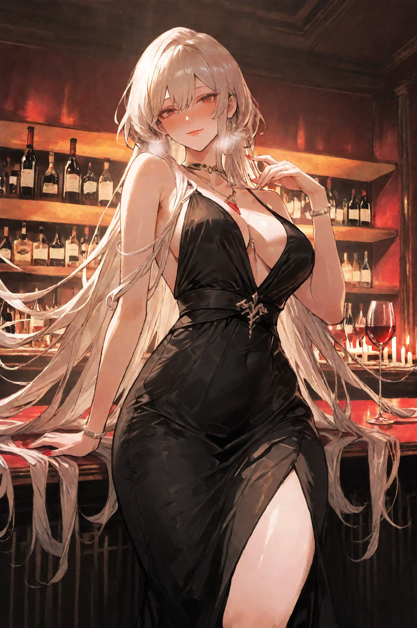 Illustration, detailed illustration, ultra detailed, dynamic angle, cowboy shot, 22 year old girl, beautiful, platinum blonde, long hair, wavy hair, cold blue eyes, pale skin, emotionless, disdainful, fancy restaurant, black formal dress, sitting, wearing engagement ring, showing ring to viewer, looking down at viewer 