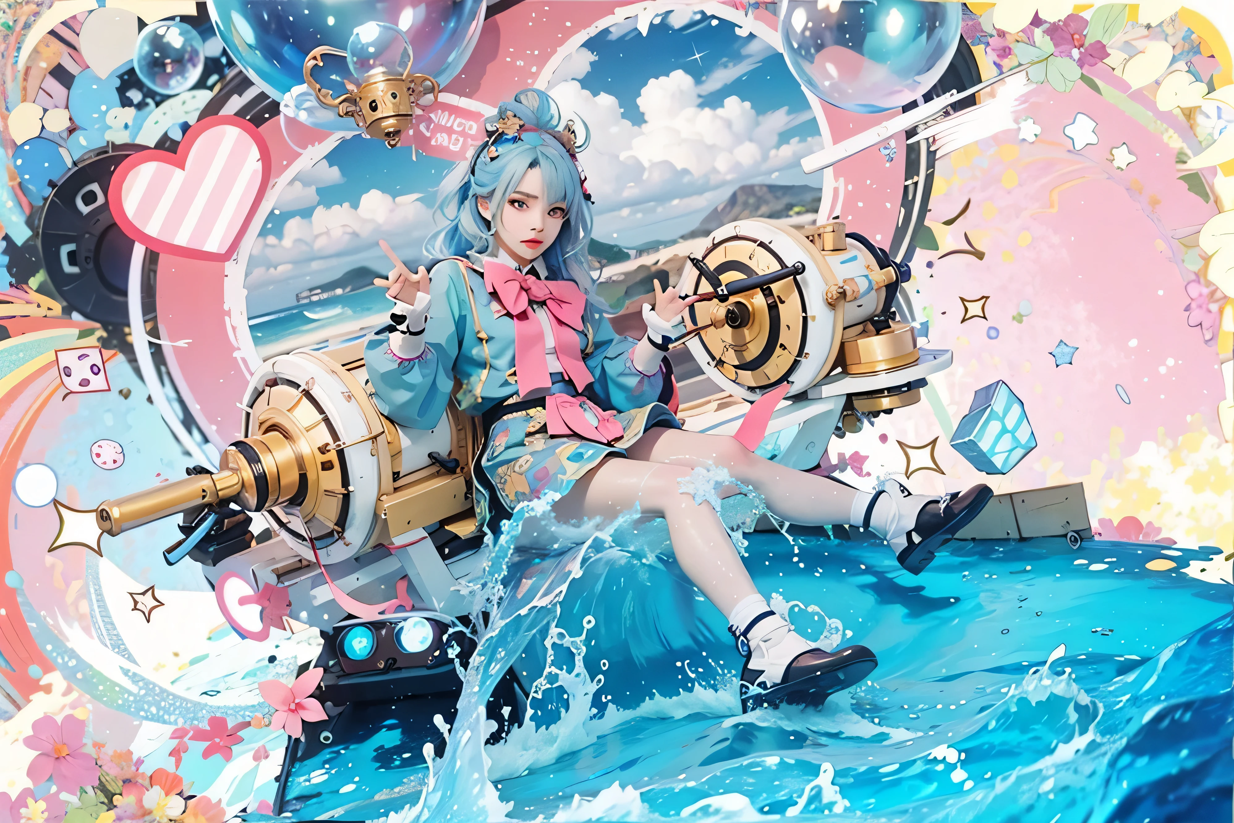 ((SIGEWINNE_GENSHIN IMPACT)) ((photorealistic)),(highlight hair)), Light reflection, (( HD )),((upper body)), (((best quality, masterpiece))), (masterpiece) (best quality) (detail) (8k) (HDR) (wallpaper) (cinematic lighting) (sharp focuasterpiece, best quality: 1.1), Real life adaption of this character, realistic outfit, realistic shadow, realistic light, realism, hyper realistic, realistic background,realistic hair,(photorealistic:1.2), (masterpiece: 1.2), (best quality: 1.3), (clear details: 1.3), ((((ultra-detailed)))), ((detailed eyes)), (extremely detailed face:1.4), (highly detailed eyelash:1.6), (Masterpiece, Best quality, best shadow), (detailed background),(masterpiece, best quality:1.2), best resolution,masterpiece,masterpiece, best quality, highres, 4k, 8k, intricate detail, cinematic lighting, amazing quality, amazing shading, soft lightingmasterpiece, best quality, ASCII score_9, score_8_up, score_7_up, 8k, best quality, masterpiece, (ultra-detailed), (high detailed skin), (white background:1.6),
(full body:1.2),Anime girl, teenage, Asian, in vibrant pastel cosplay outfit; light blue top with pink accents, short skirt; white gloves; white, long, wavy hair; calm expression; seated on a wave of bright, translucent blue water, as if swimming; holding a stylized, gold-colored syringe-like weapon; background features a mixture of cartoonish elements like hearts, bubbles, and pastel clouds; vibrant colors and a digital painting style; highly stylized, surreal, and colorful; active, dynamic composition; wide-angle shot, showing a large amount of detail; detailed digital effects; artistic, vibrant lighting; kawaii style, exaggerated features,Big shot, Blinks detailed water splashes; --ar 16:9 --s 750 --v 5",(Perfect hands perfect )