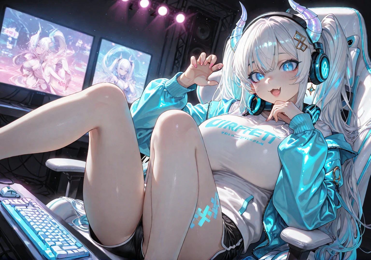Kangel, needy streamer overload, needy streamer overdose, risque pose, nsfw, big boobs, thick thighs, digital illustration, vibrant colors, soft lighting, perfect face, absurdres, ultrasharp, 8K, perfect hands, glowing effects, pixel effects, digital girl, gamer, gamer effects, egirl outfit, short skirt, cat headphones, streamer