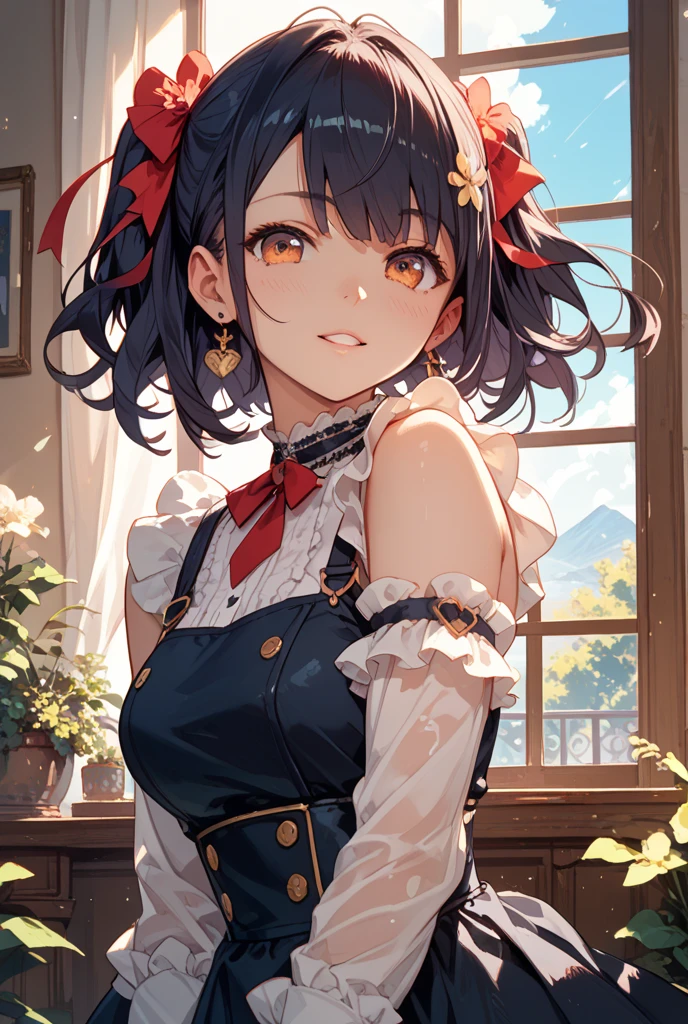 (masterpiece:1.2), (high quality:1.2), (hui xiyi:0.75), rekkyo sensen, rekkyou sensen, girls with((black hair, ( :1.15), (waving is hands:1.2), ( close up:1.15), (suspenders:1.2), (dress:0.65), (blue clothes:1.05), (belts:0.7), (frills shirt:1.2), (white knit sweater:1.2), camisole,  , straps, (long dress:1.1), (cross:1.05), (long wavy hair:1.2), (one side up:1.2), nun, long sleeves, (perfect hands:1.05), (five fingers:1.05))), background with((fantasy world, ruin, castle, beautiful sky, shining sky, sunshine))