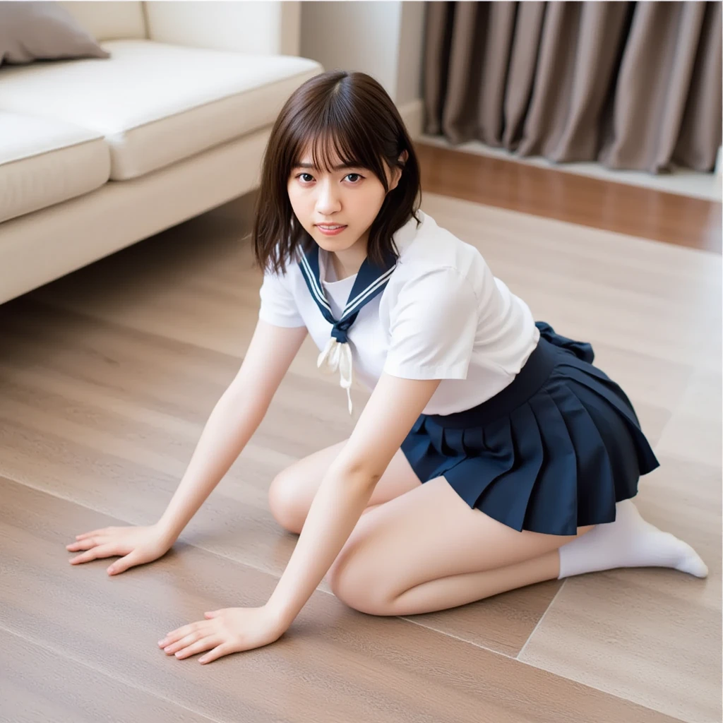 ulzzang -6500-v1.1, (Raw photo:1.2), (Photorealsitic:1.6), extremely detailed eye and face, Beautiful and big eyes, of the highest quality, [​masterpiece:1.6], Illuminated, (1 girl in)、17 age、Cute Japan high school girl、perfect body type、[huge-breasted、heavy breasts、Ｉcups:1.9]、Sweat all over the body、(Wrap the ribbon of the school uniform around the neck)、(no-bra、no pant、JK school uniform、no  skirt:1.6)、(all-fours、Place your hands and knees on the floor、Angle of shooting from the front at an angle、girl with１a person:1.9)、[bob cut  hair、sexual excitement、Lustful、Flushed face、no-makeup:1.6]、[red blush、Kamimei、Look at the camera:1.3]