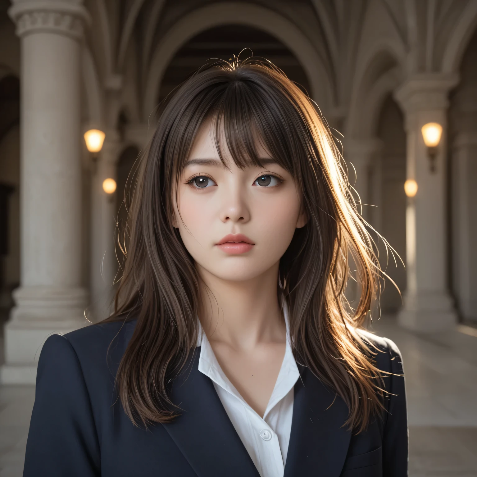 (Photo Real:1.4), (hyper realisitic:1.4), Portrait Photography, Full body, (professional Cinema lighting, Key light, Fill light, Backlight), masterpiece,ultra high resolution,8k,1 beautiful japanese girl, looking away, She has a pure and clean appearance, Intellectual, sad, busty, Iher long hair is blowing in the wind, bangs, Skin Texture,ultra-detailliert,Super Detailed Face,Detailed lips,A detailed eye,detailed body skin,
In the background, you can see the stone-stepped courtyard of an Italian stone house.