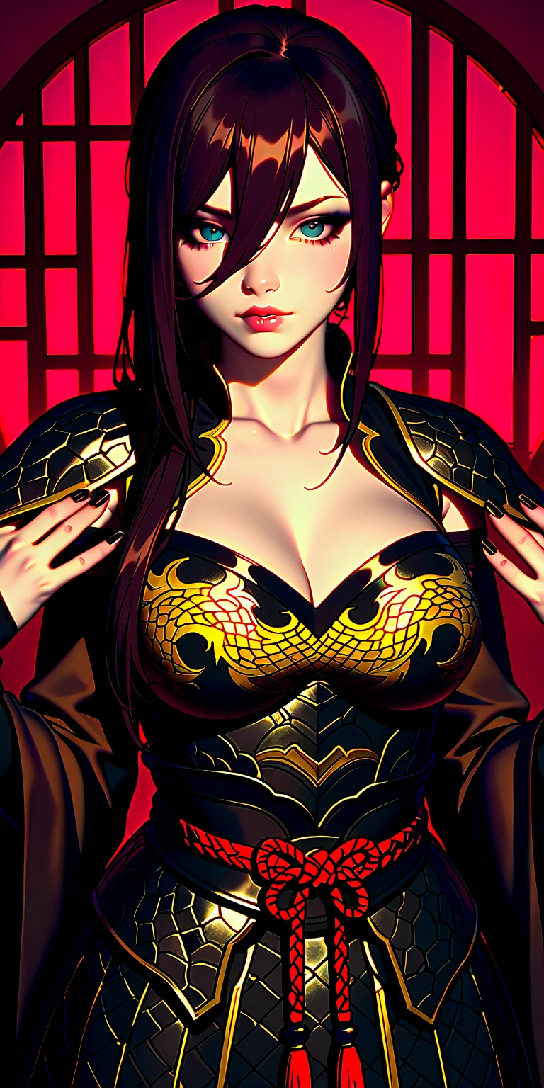 Serpent Goddess, Bronze Skin with Black and Red Scales, Long Black Hair, Python Pattern, Snake Lower Body, Serpentine Armor, Serpentine Blade, Red Snake Eyes, Busty, Scar Over Left Eye, Forked Tongue