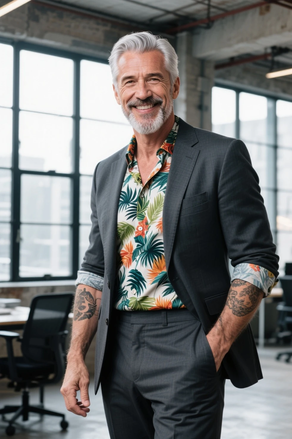 ultra realistic portrait of a fit silver-haired man in his late 50s with a neatly groomed beard, wearing a tailored charcoal suit jacket over a vibrant tropical-print shirt, sleeves rolled to show forearm tattoos, standing in an industrial loft office with large windows, confident smirk, cinematic lighting.