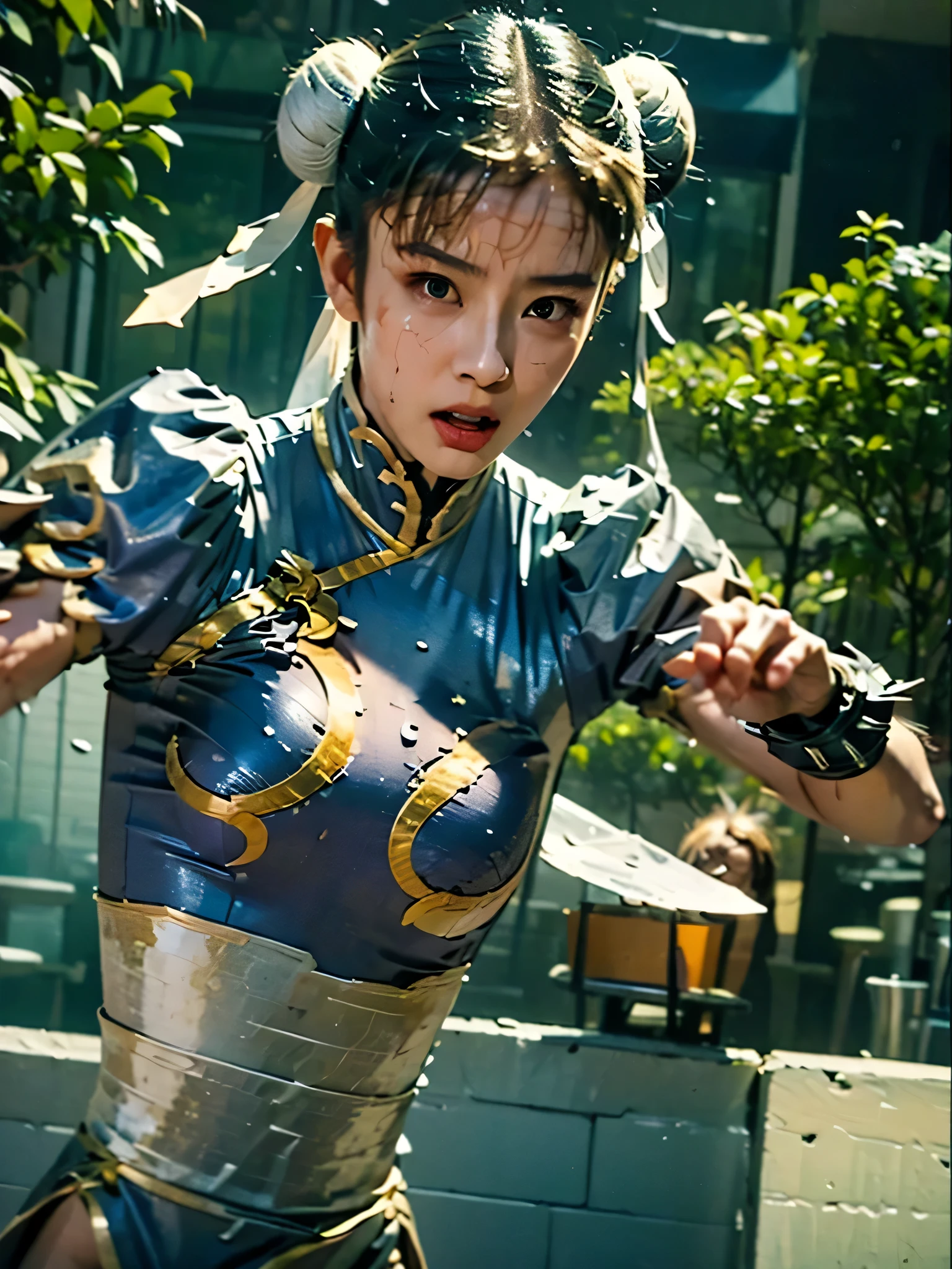 Chun Li, 1 girl, two white buns, standing straight, cool, spin kick, Panchira, Leo Chira, Dynamic, hyper real, photo real, high image quality, masterpiece, front camera angle, looking at the viewers, Please draw the details of the face, costume, and body accurately, wet, wet,