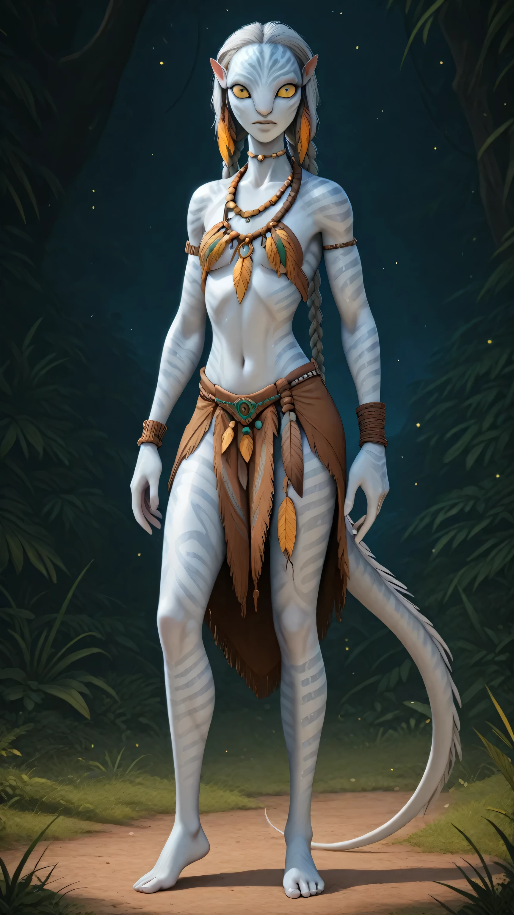 A stunning alien woman. She has luminous pure white skin with a soft bioluminescent glow along her cheekbones and collarbones, long flowing silver hair with braids, and large opalescent eyes with vertical pupils. She has a slender & tall body with elongated neck and a tail. she wears an tribal outfit made of feathers and beads. 8K ultra HD, high quality, 2D cartoon style, incognitymous art style, full body 