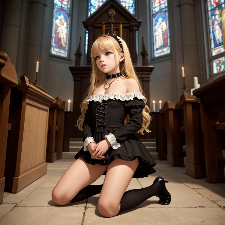 1girl, Misa Amane, 20 year old, holding black book with cross on cover, solo, long hair, blonde hair,pig tail hair style, thighhighs, suspenders, dress, bare shoulders, jewelry, sitting|standing, boots, detached sleeves, choker, necklace, two side up, book,(( garter straps)), cross, oekaki, gothic <lora:RMSDXL_Creative:2> <lora:RMSDXL_Enhance:2> <lora:lora:1>