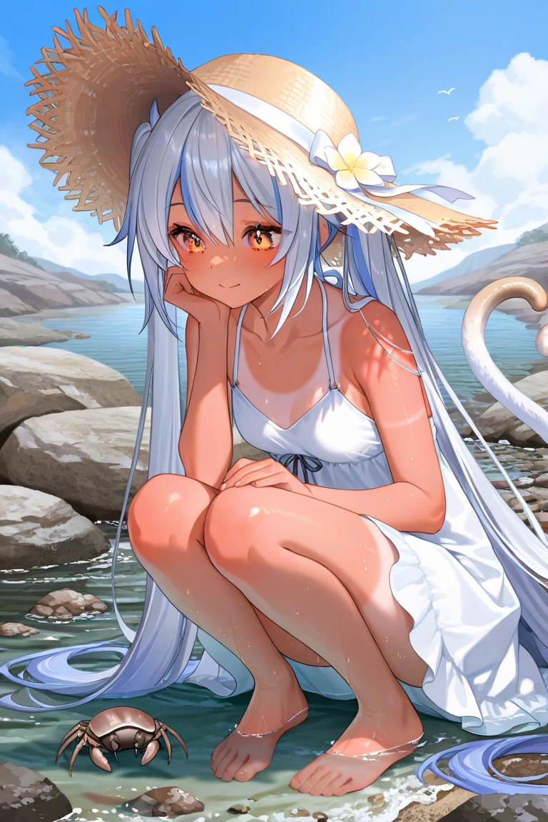 (Best quality1.2、masutepiece)、Yumekawa、A stunning、Take a cute cat、kawaii、White hair(rainbow-colored hair)、swim wears