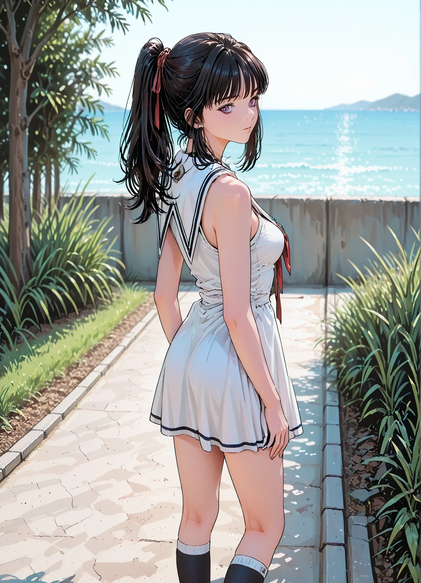 (masterpiece, Highest Quality:1.2), one girl, ((Long Hair))ponytail tied with a red ribbon, ((Knee Socks)), Exposed Shoulders, ((gem)), (( no sleeve )), white sailor dress,red sneakers,Standing in a park on a hill and looking at the ocean