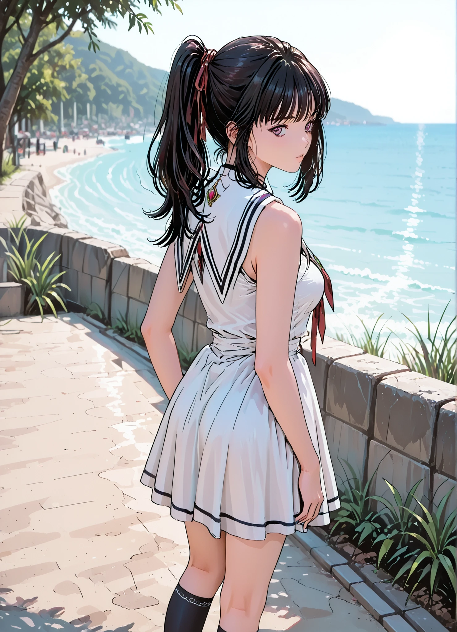 (masterpiece, Highest Quality:1.2), one girl, ((Long Hair))ponytail tied with a red ribbon, ((Knee Socks)), Exposed Shoulders, ((gem)), (( no sleeve )), white sailor dress,red sneakers,Standing in a park on a hill and looking at the ocean