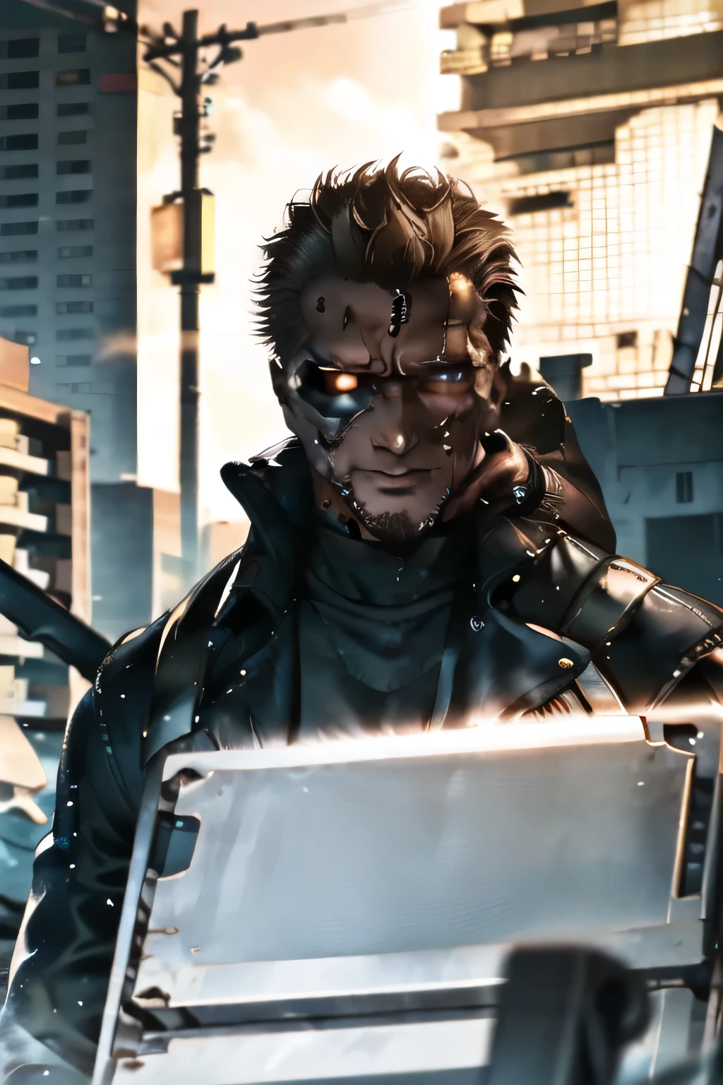 dark background，There are,Terminator soldiers have lots of rifles in the ruined city，with a cute smile is staring at me、 I want you to take a picture of my whole body  ，lots of skeletal robots in the ruined city