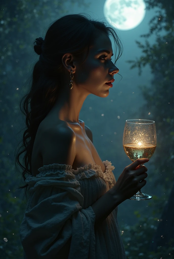 A captivating, atmospheric portrait of a woman seated with poised grace, holding a glass of deep red wine. She wears an intricate,dark green gown with lace detailing that glimmers in the soft glow of nearby lanterns. The scene behind her reveals a surreal forest landscape with towering, bioluminescent trees and cascading waterfalls that seem to float in mid-air.