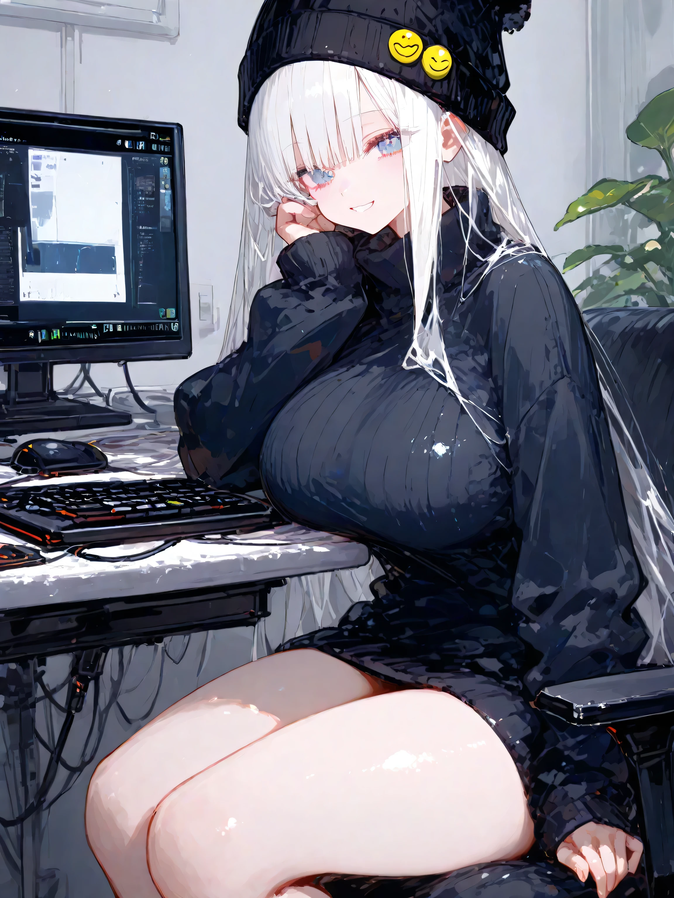 Busty hottie, White hair, Clear and cute eyes Busty hottie, White hair, clear eyes. (Sitting on a chair playing video games) black leagwear.  big neckline, joystick in hand, salivating, face crying for pleasure, tongue out sexy detailed, black leagwear
