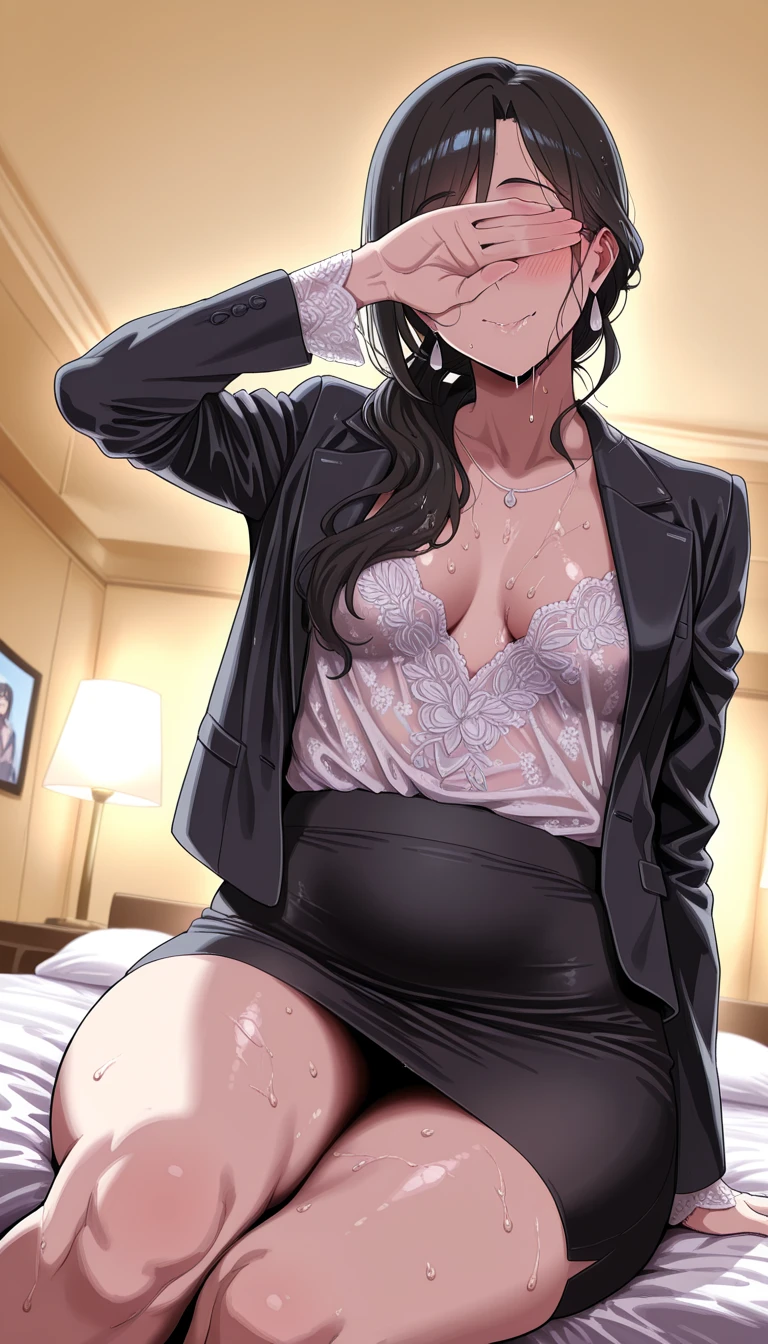 （（super high quality,Ultra-high resolution,4K,8k,super masterpiece,Ultra HD ,Detailed shading））,Dimly lit bedroom,Full body photo,Man and woman couple,A sexy mother and a naked man,popped collar White shirts,Tight collar,Long sleeve,BLACK Pencil Skirt,Black Hair,Penis inserted from the front,Sex,Glasses,Spread your legs,Ahegao,blush,Sweaty,semen,Drooling,Pearl Earrings,Pearl Necklace,Engagement Rings,Embrace a man face-to-face.,