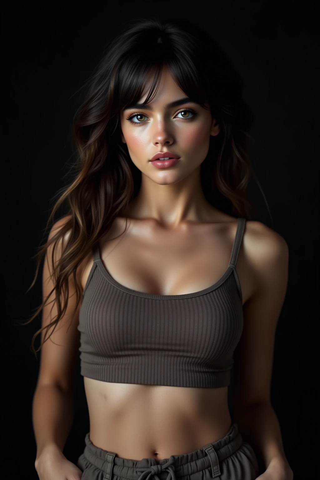 (Realista, high - resolution:1.3), 1 chica con un cuerpo perfecto, super fine face and eyes,Cabello largo, Small tank top dark blue colors:1.2, Vaqueros cortos, very small tits cleavage, cuerpo completo , Fondo de la calle