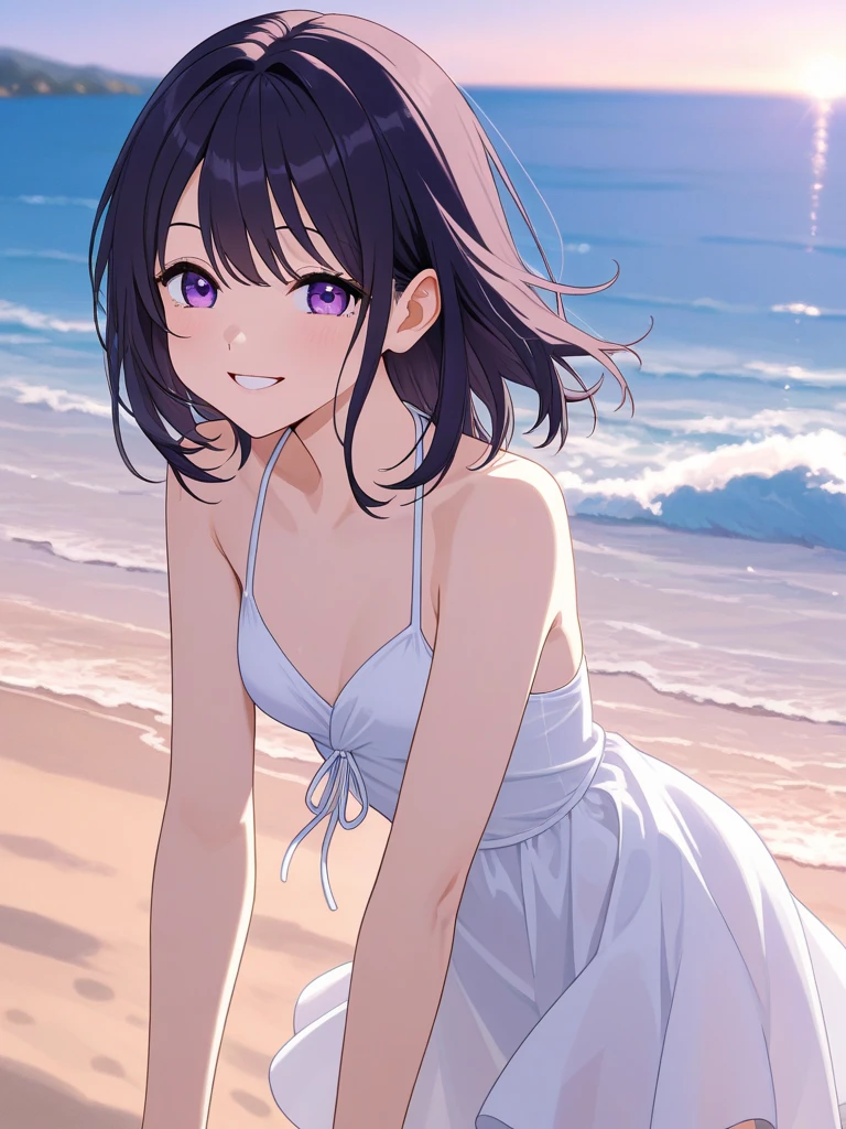 15-year-old girl, ((feminine sleeveless date dress))、(Indigo hair color、Purple inner color hairstyle、Hair expressed with a delicate touch), Beautiful Hair, Facial Contour, Remember, Ocean, splash, Lens flare、sunlight、illumination、Natural Color, High resolution, Very delicate, Very detailed, 8k,（Breast size around B cup）、Shyness,((Sexual)),((Sexy feeling))