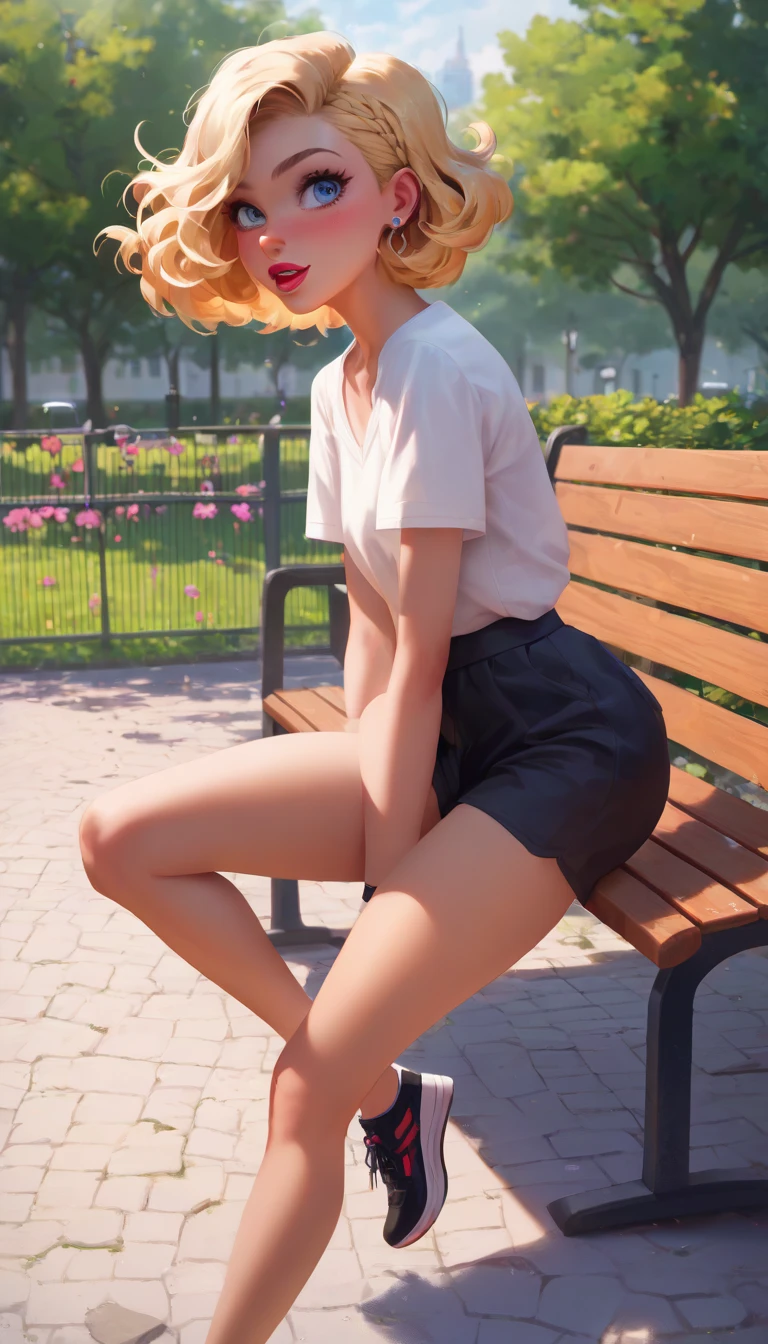 ((Biologically correct limb count))、((Natural finger shape))、((Full Body Shot, Including face))、Standing position、4K、masterpiece、((Focus on the face))、((Symmetrical facial features))、Eye for detailed depiction、Beautiful woman、Excellent style、Beautiful clavicle、Beautiful feet、(Small Ass、Thin thighs)、(Black Stockings、High heels)、Facial detailing、Small earrings、necklace、Low angle photo、(topless、In pants)、Park scenery on a holiday morning、Strong sunlight、(((A facial expression of pleasure)))、(((Lean your body back and sit on the bench)))、((Hands lifting from under your chest))、(Face the camera)、Photograph the side of the body