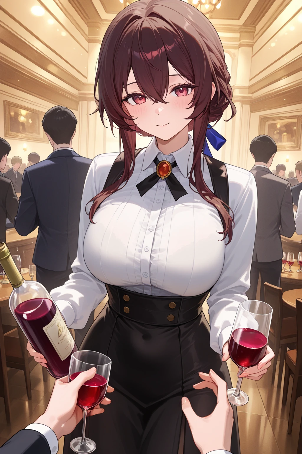 masterpiece, best quality, 1girl, solo, girls und panzer, rukuriri, single braid, (black leotard, black rabbit ears, rabbit tail, black pantyhose:1.3), looking at viewer,cowboy shot, bar \(place\), wine glass, lights <lora:Rukuriri:0.6>