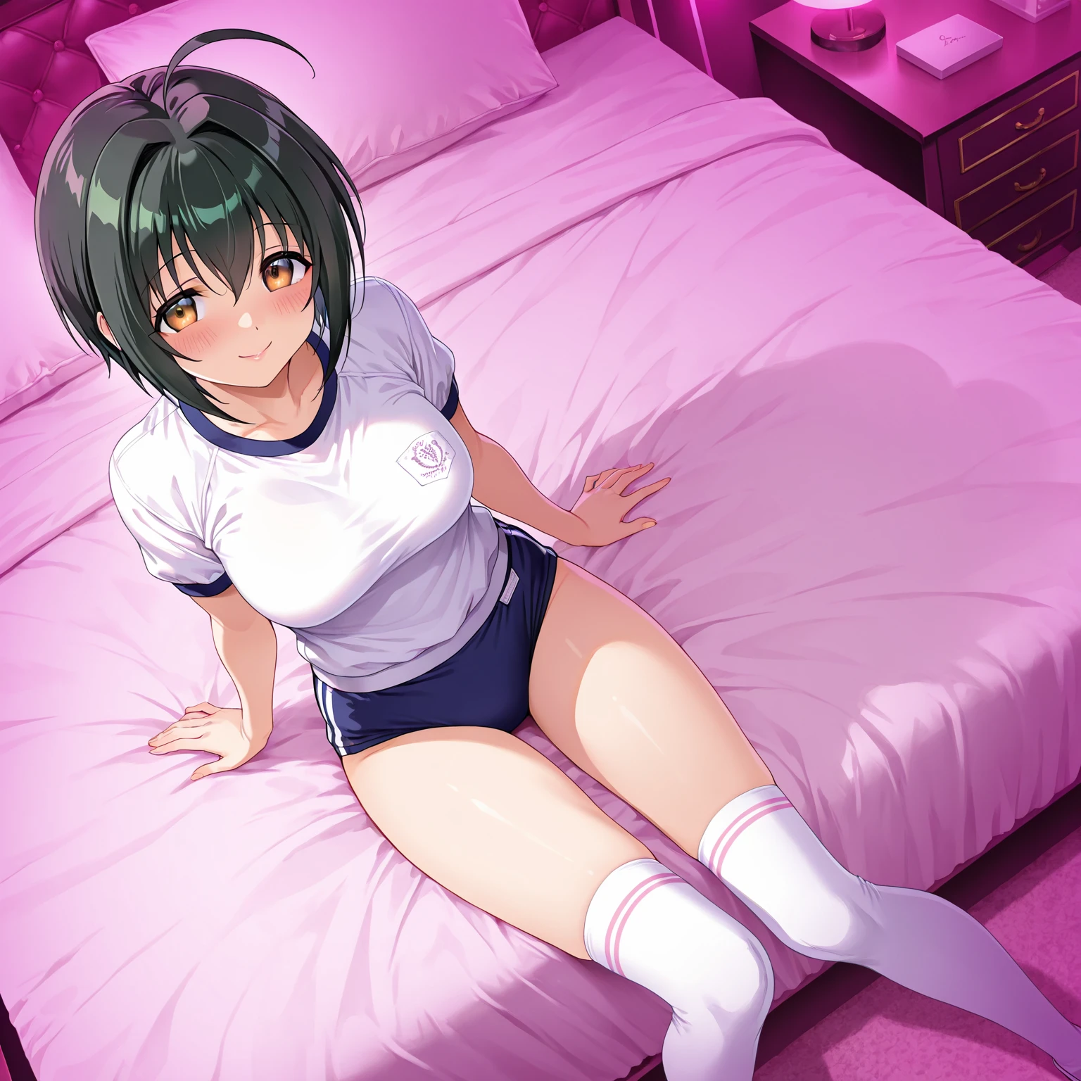 masterpiece, ultra quality, ultra sharp, ultra detailed, 1girl, solo, (((good anatomy))), haduki kurumi, (tattered torn dripping wet white gym shirt), navy gym pants, animal ears, randoseru, name tag, Japanese anime pose, laugh, BurumaShorts, Buruma, Gym Uniform, (((lying:1.4, spread_legs, legspread, split_legs)), (randoseru backpack:1.4), (smirk smile), buruma, blue buruma, black buruma, (cameltoe), (tattered torn short sleeve white gym uniform with colored hem), (tiny nipples), (white long loose socks), strong lighting, legspread, bukkake, cum on clothes, cum on legs, cum on buruma, cum on bloomers,