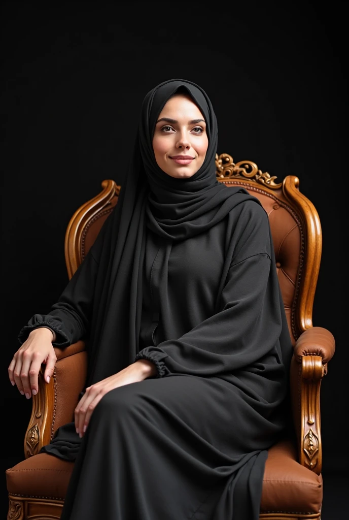 A Muslim hijabi woman sitting on king chair rich and luxury photo 4k 8k quality