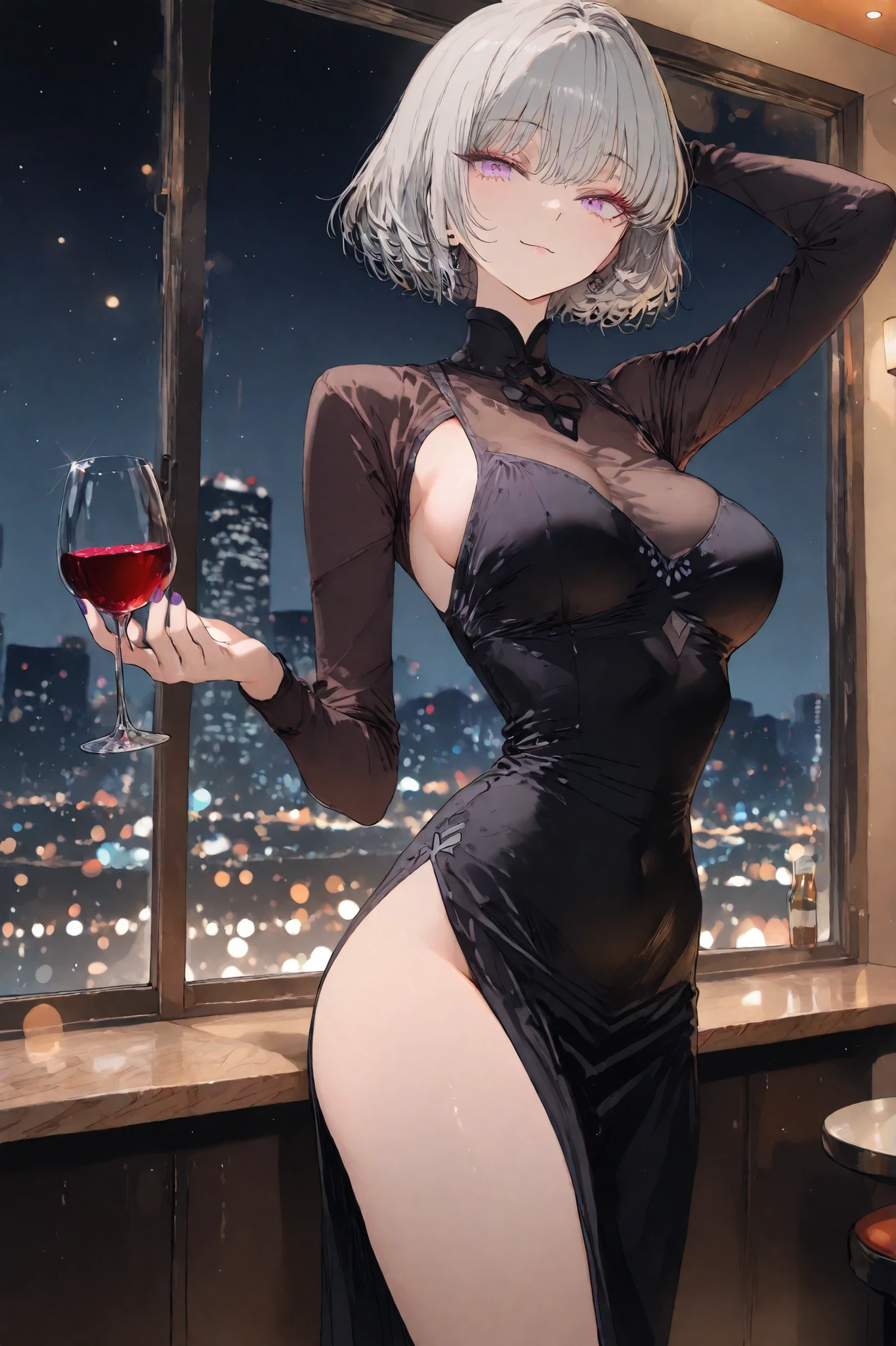 1girl,solo,masterpiece,high quality, ultra highres, RAW photo, anime style, sophisticated lady, black cocktail dress, form-fitting, slit dress, standing pose, wine glass in hand, graceful pose, long silver hair, purple eyes, perfect makeup, confident expression, high-end restaurant, city night view, window reflection, bokeh lights, detailed fabric texture, (beauty : 1 . 2), (adult : 1 . 2)