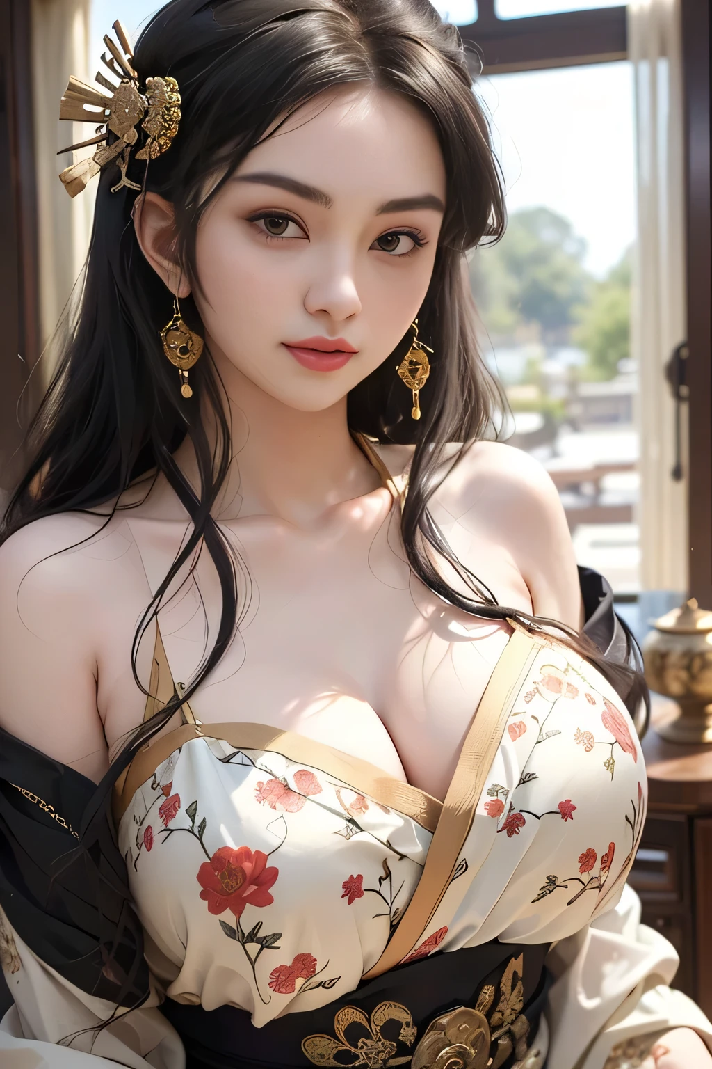 4K, UHD, masterpiece, solo girl, good face, detailed eyes, detailed lips, very long hair, straight hair, very long hair, beautiful hair, hair ornaments, hairband, sexy bun with ponytail hair, ((White-black-Blue-RED-silver-gold-yellow-green Chinese bra and Chinese jean shorts), (photorealistic:1.5), (Realistic big breasts:1.35), (Slender six pack abs), (smile), ((NSFW:0)), ((busty Cleavage)), ((( enchanting body, red lipstick, stockings, Chinese courtyard, bold dress, glaring beauty, d-cup, breast focus, closeup))), sardine, ornaments, necklace, earring, high lighting, depth of field, ray tracing, ultra-realistic detail