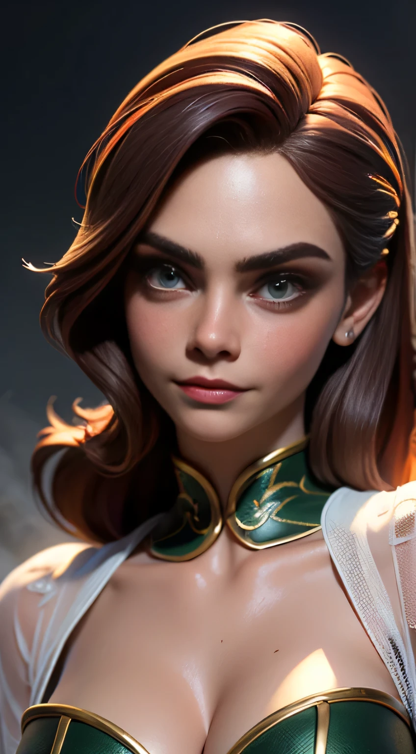 RAW digital art, ultra-realistic 3D render of a stunning woman resembling Cara Delevingne, ((highly detailed face:1.3)), flawless skin texture, expressive eyes with subtle reflections, soft shadows and cinematic studio lighting, Pixar-inspired style blending vibrant colors with realistic details, smooth yet detailed hair strands, perfectly portioned body, perfect breasts, cleavage, wearing Emerald green corset with gold embroidery, flowing sheer sleeves, and a cloak lined with fur, set in a misty mountain village at dawn, posed naturally with a confident, playful smile, background softly blurred with warm tones, (8K resolution, intricate textures, sharp focus)