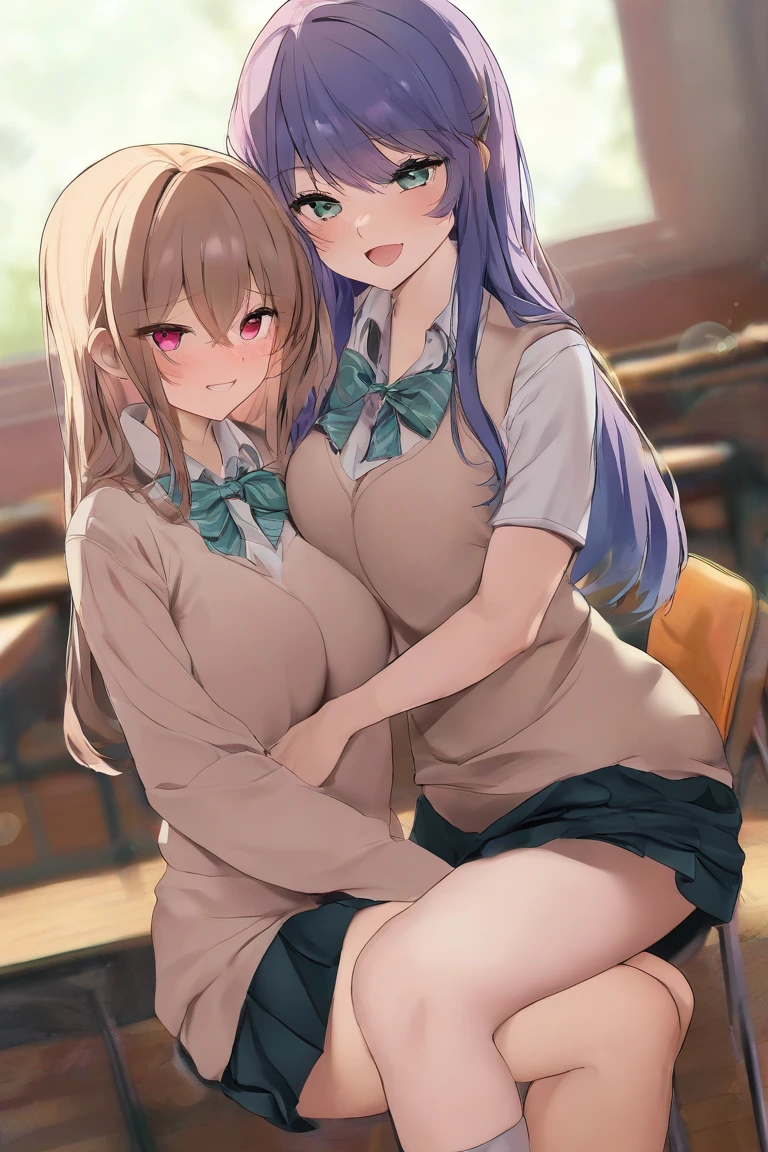 highest quality,masterpiece,((2 girls:1.5)),((smile:1.3)),(blush:1.3),((fun!!)),((Small breasts:1.5)),(night:1.5),Blonde, (Cardigan), ((naked:1.5)),Kamimei,look at me,((classroom)), Taking a break from watching the audience,Cowboy Shot,Light blue eyes,long hair,Glowing Eyes