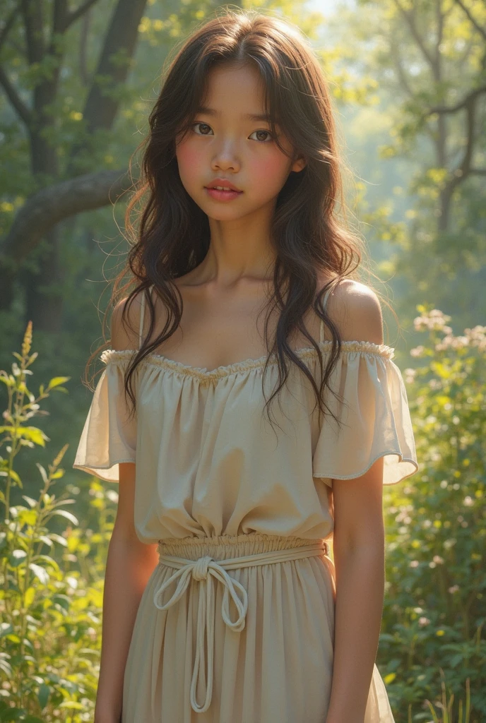 8K、12-year-old beautiful girl, length hair、detailed beautiful faces、see-through camisole dresses, flower  field、Very strong wind