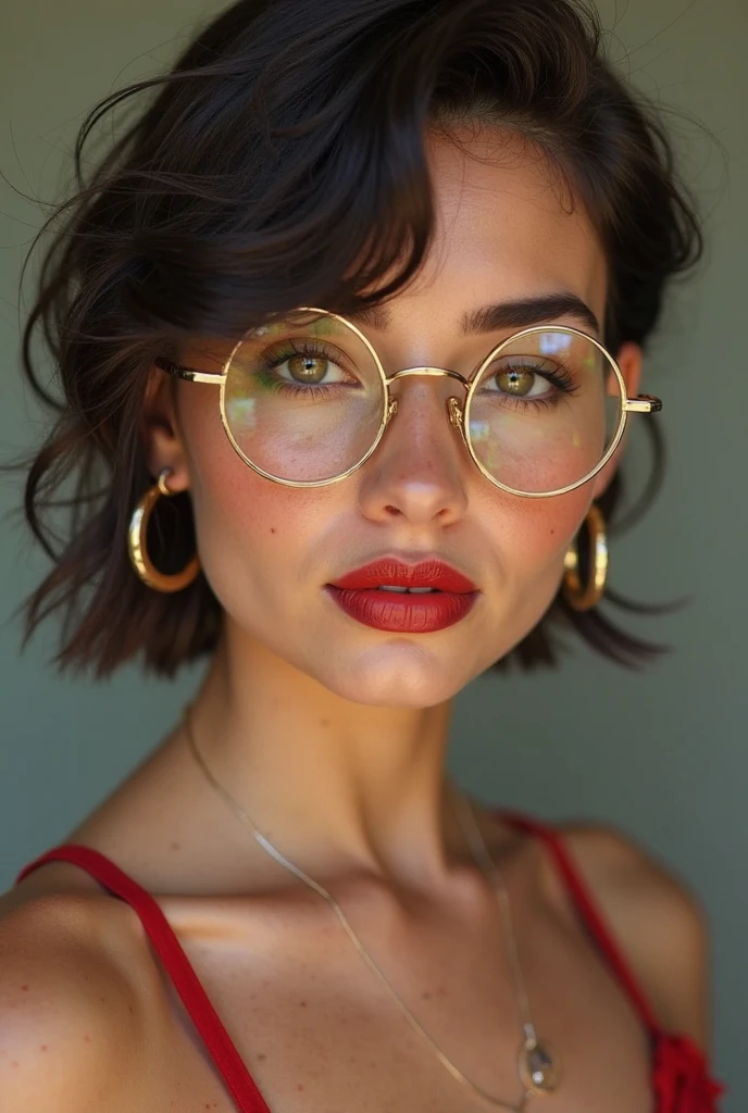((best quality)), ((masterpiece)), (detailed), (medium photoshoot), a perfect face goddess in an oversized dress walk in the library, eyeglasses, necklace, earring, short hair, perfect smile to the viewer, real skin texture, ultra sharp, pay attention to the detail of the face finger and hair, detailed detail,