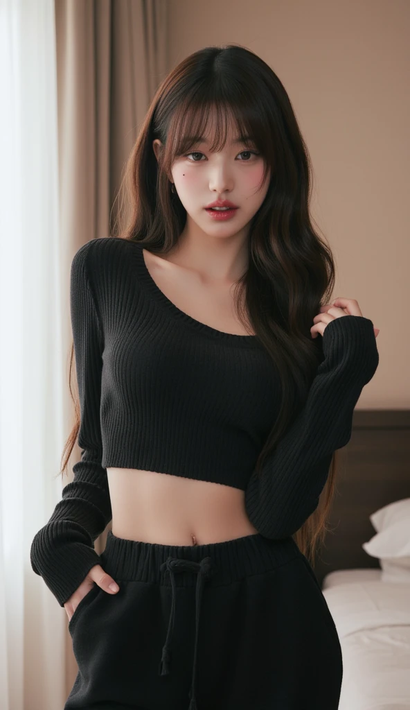 Dark brown hair、Light brown eyes、Japanese actress、 Lady、I am about 40 years old..、(Intricate details:1.2)、(Which one is on top??:1.4)、 (Ultra-high resolution:1.2)、Ultra-high resolution、(Finely tuned)、(Detailed facial features)、Hmph、8K resolution、D cup size breasts、Long Hair、Bright bathroom with sunlight shining in、Large windows、Extravagant space、relax、、,Full body photo、Head to toe shot、Beautiful legs、red　Off-the-shoulder knit、Beautiful legs、A refreshing room filled with sunlight、she, household items,   (plant:0.8), Fashion Hub, Extreme Detail, Very detailed, Realistic, Hourglass-shaped body, Obscene pose,、、私 cry a lot、tears、person on the left、White wall、White floor、diagonally from below、Lift your chin、Put your butt against the wall、relaxした表情、Pose of Weakness、