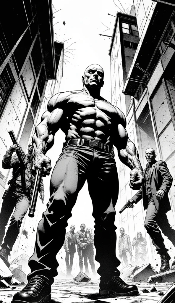 Frankenstein monster, grey skin, muscular, masterpiece, full body view, distressed clothes, shirtless, black pants, oversized boots, angry face, bolts on each side of neck, chains around a wrists, standing straight