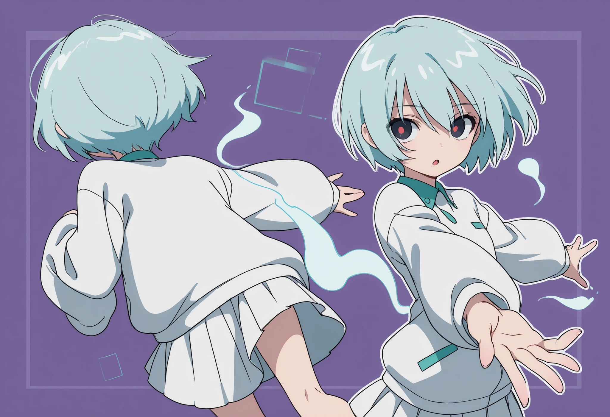 Anime Masterpiece、Highest Quality、super high resolution、clean line、Cell painting ＋soft gradation、Neon Tone。  Tight framing。an adorable ghost girl in a white uniform is floating、Bad look with dark eyes、 Mouth slightly open。 light blue short hair。Her lower body is stretched out with a spirit。show：Pale cyan〜 Several lavender ghostly flame wisps are floating。 Small glitch rectangle along the outline（3〜5）、The slight background is uniform green。