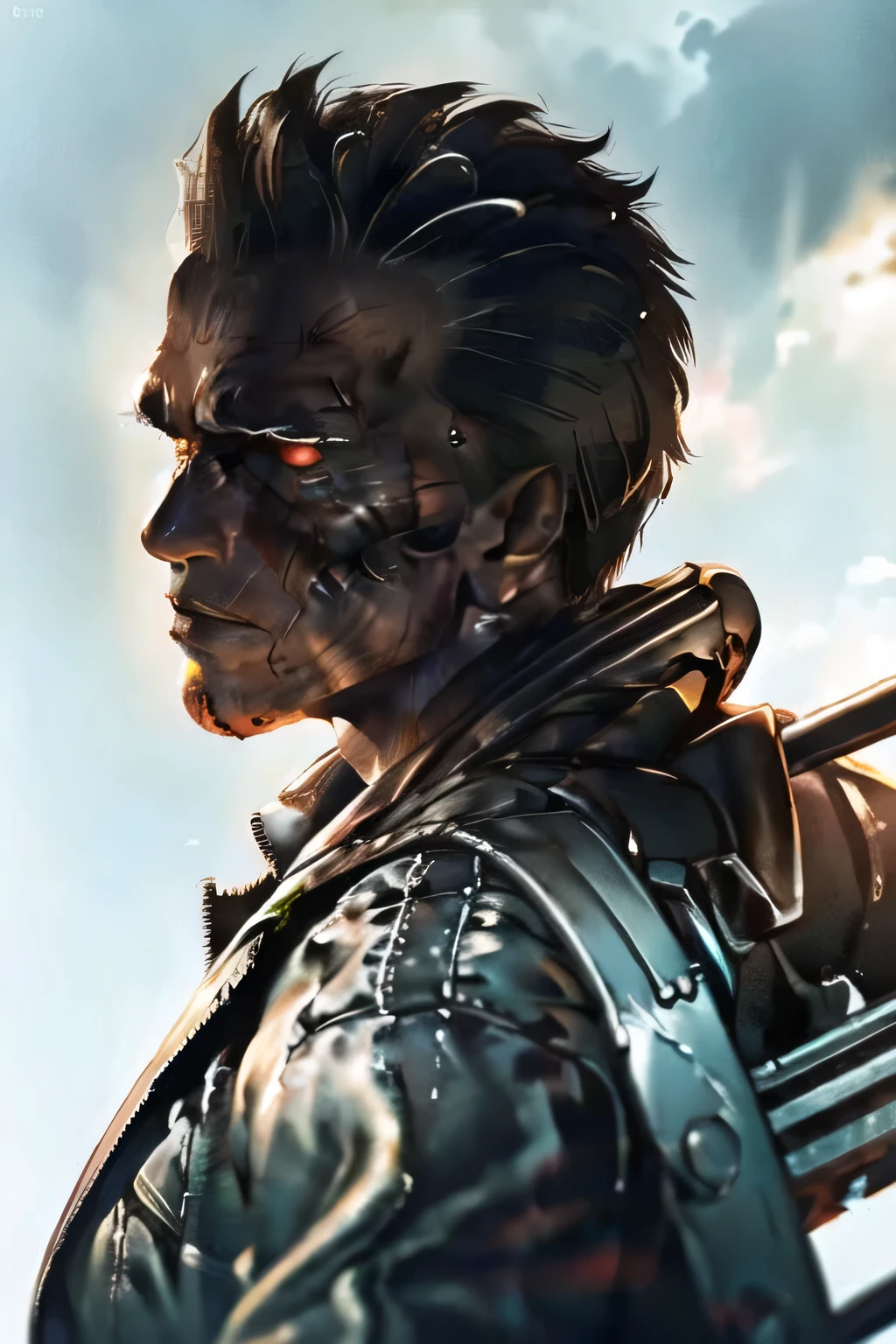 Can you draw facial expressions even more delicately,dark background，There are,Terminator soldiers have lots of rifles in the ruined city，staring at me、  I want you to take a picture of your whole body   ，There are a lot of skeletal robots in the ruined city