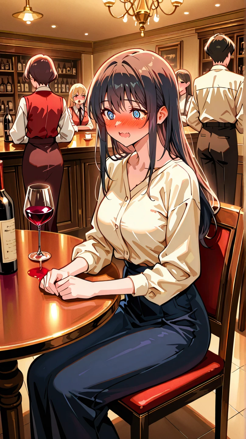 female, wetting self, multiple girls, bar, sitting on stool, holding wine, female bartender, cocktail dress, dim lighting, drunk