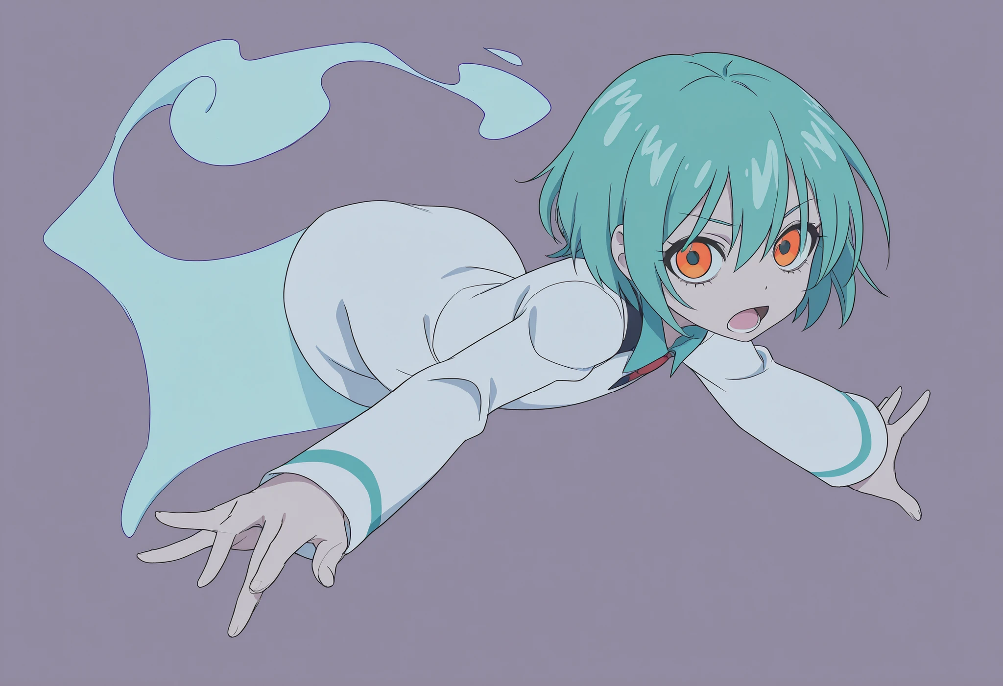 Anime Masterpiece、Highest Quality、super high resolution、clean line、Cell painting ＋soft gradation、Neon Tone。  Tight framing。One adorable ghost girl in a white uniform is floating。orange eyes。Bad look with dark eyes、 Mouth slightly open。 light blue short hair。Her lower body is stretched out with a spirit。show：Pale cyan〜there are several lavender whispers drifting。 Small glitch rectangle along the outline（3〜5）、The slight background is uniform green。