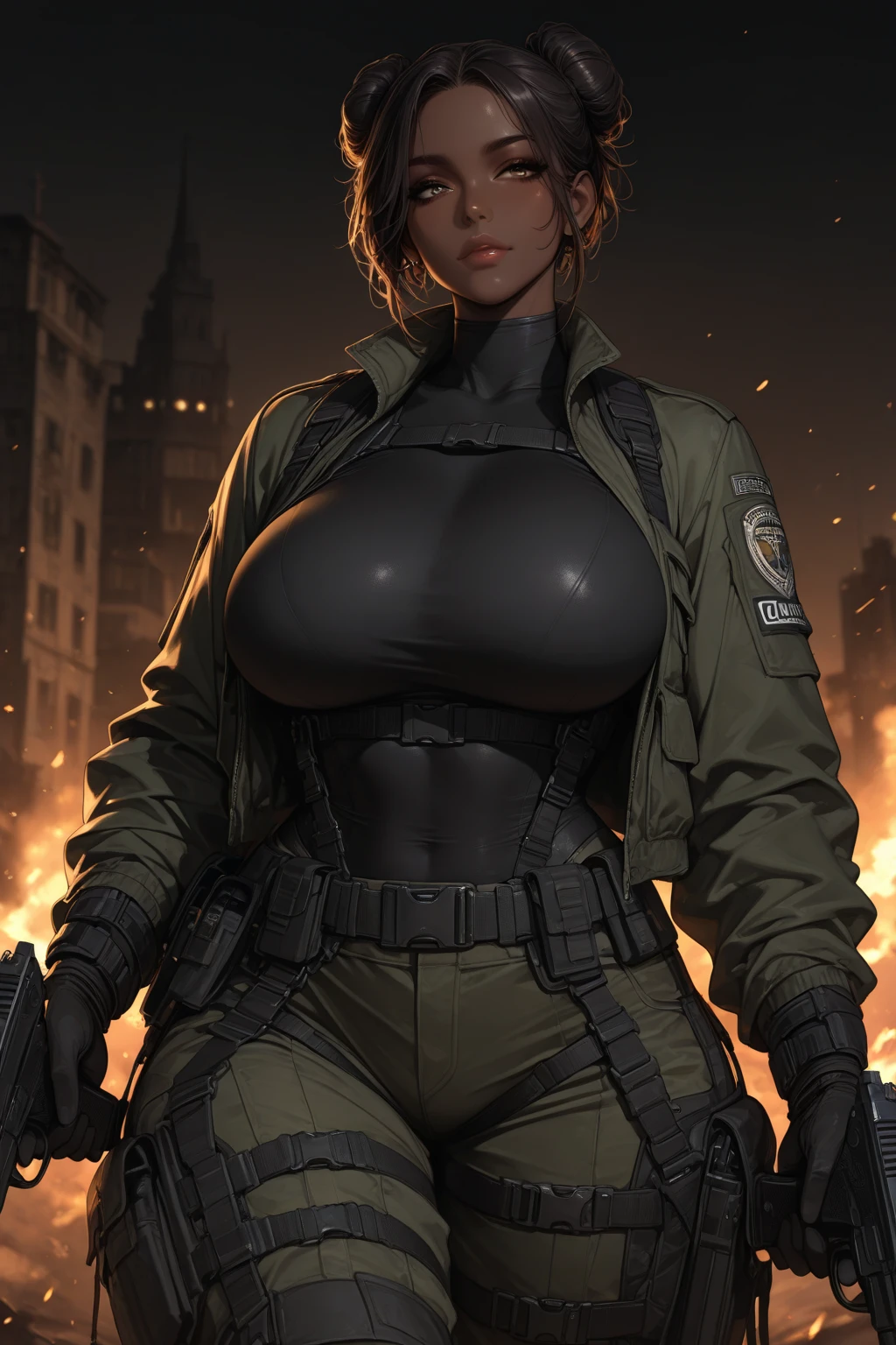 brown and gray sniper girl wearing brown militray suit,Huge Breasts,ruins,red glasses,Thick smoke,cleavage,Lipstick,pant,ponytail hairstyle,bite cigarette