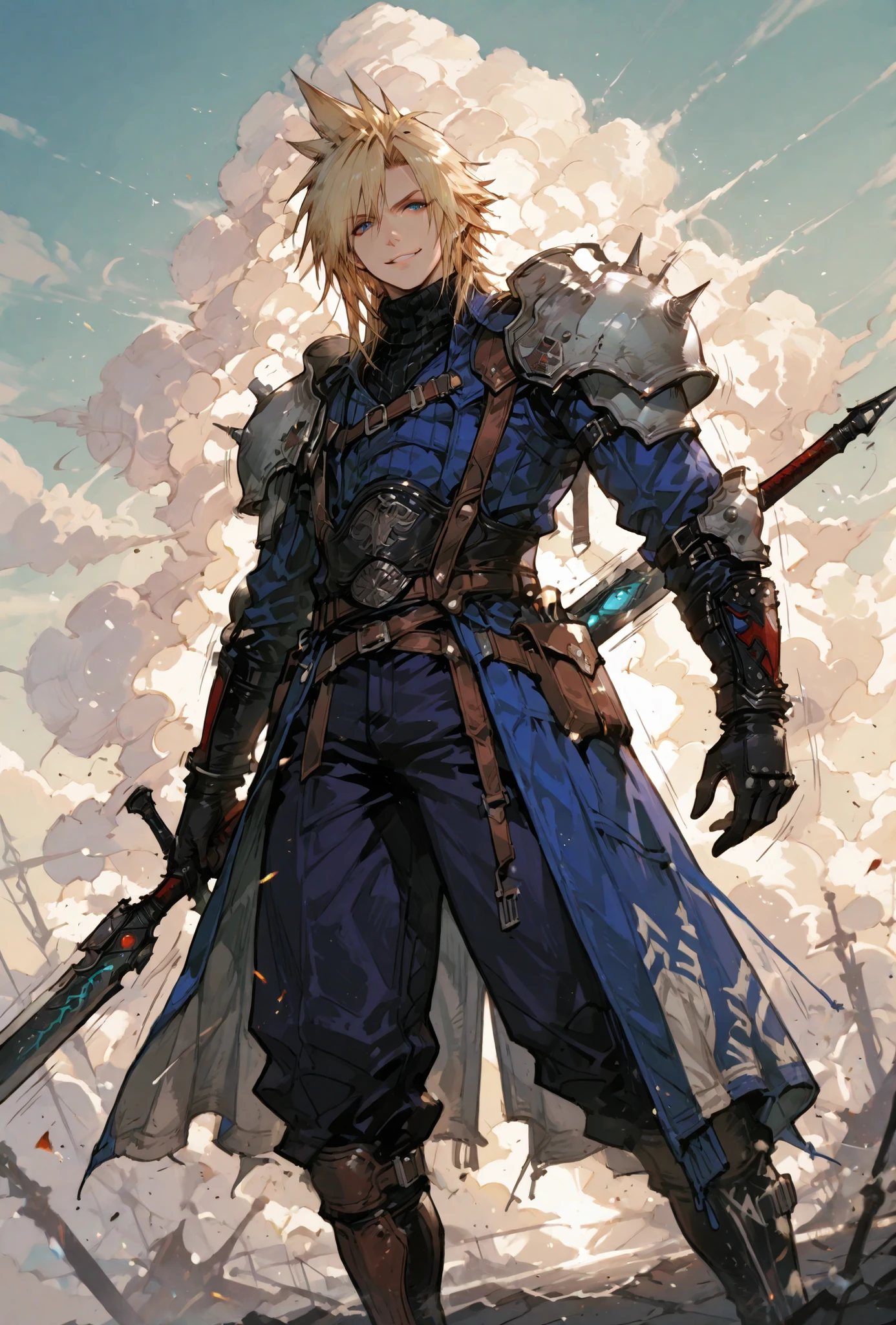 (score_9,score_8_up,score_7_up),((MAN, 1 MAN, CLOUD STRIFFE , FINAL FANTASY VII, CLOUD full SOLDIER clothers, WITH A BASTARD SWORD,), ,,extremely detailed,dynamic lighting,best quality,,,best quality,high quality,, , dynamic angle, , thick thighs, motion lines,, , solo, perfect eyes,,DETAIL,MASTERPIECE,,Expressiveh, ultra detailed,,,,very detailed,extremely detailed,dynamic lighting,best quality,(score_9,score_8_up,score_7_up), CLOUD, FINAL FANTASY VII, BLUE eyes, BLONDE SPIKY hair, , BADASS POSE,ATLETICH BODY TYPE,,extremely detailed,dynamic lighting,best quality,pale skin,evil smile,, sleeve, BLACK GLOVES