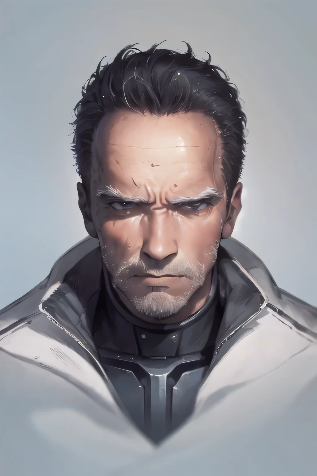 Face without damage,can you draw more delicate expressions,dark background，,can you draw a clear expression of a Terminator soldier,An even more dignified expression，