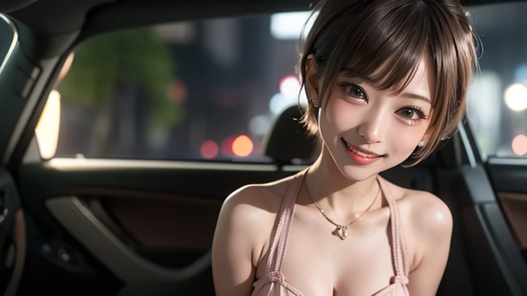 Cute eighteen year old, passenger seat of car, short dress, low cut top, brunette, young, eye contact, nighttime, street lights, smiling, smile, young girl, thin legs, skinny, short skirt, eighteen, sweet, closed mouth, mouth closed, slim, tiny body, 18, realistic, photorealistic, European, british, parked outside house, happy, pink outfit, ponytail