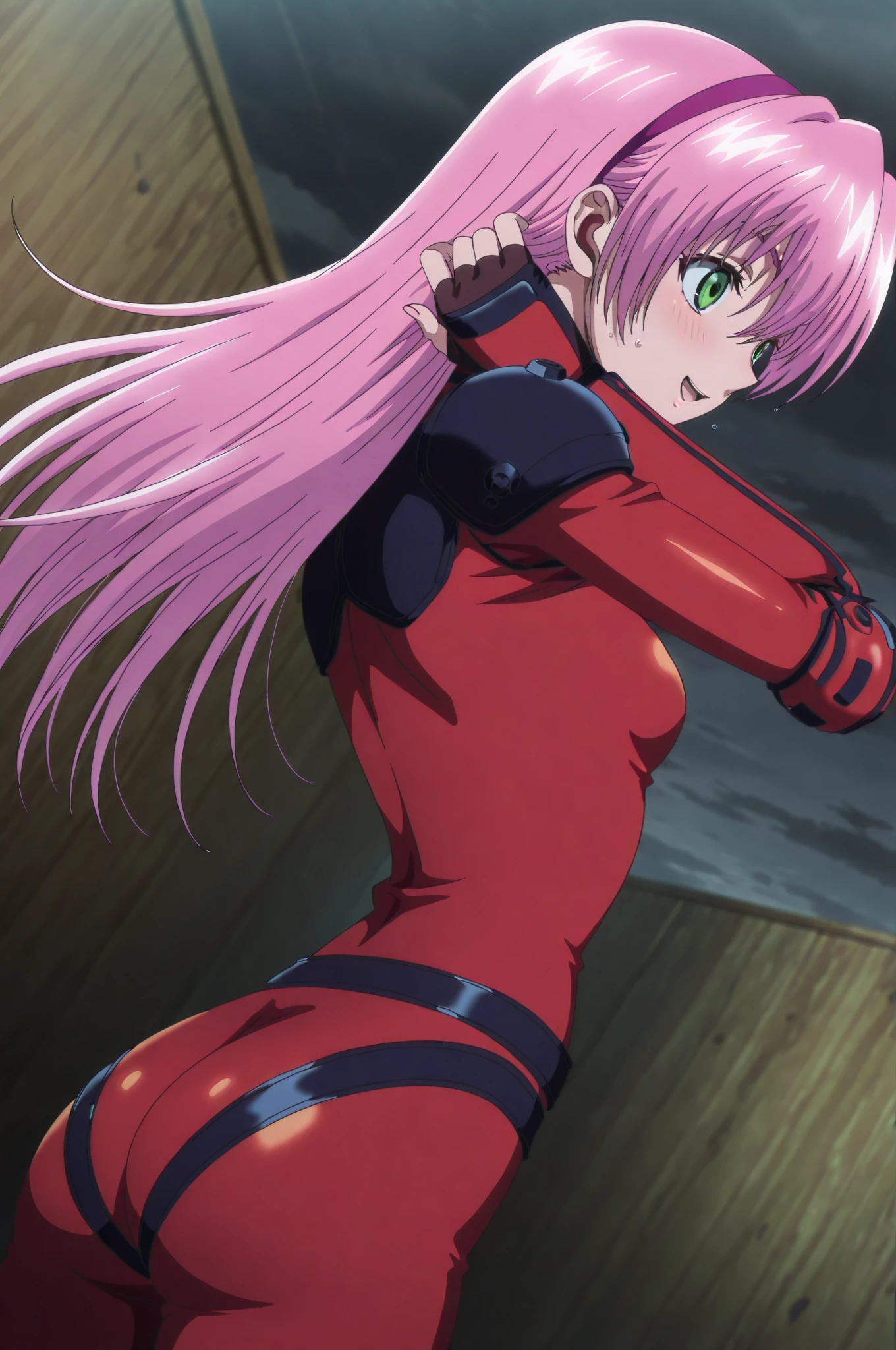 (masterpiece),(best quality),(extremely intricate),(sharp focus),(glowy luminescence),(extremely detailed),
from behind, inori yuzuriha, hair ornament, hairclip, long hair, pink hair, (red eyes:1.5), ponytail, (medium breasts:1.2), full body,
BREAK bare shoulders, black thighhighs, detached sleeves, elbow gloves, fingerless gloves, gloves, navel, thighhighs, ice skating dress, purple dress,
BREAK night, night sky, sky, star \(sky\), star \(symbol\), city,
BREAK looking at viewer, (cowboy shot:1.5),
BREAK (illustration:0.8), (beautiful detailed eyes:1.6), extremely detailed face, extremely detailed CG, (perfect hands, perfect anatomy),
BREAK, <lora:low_ponytail-1.0:1><lora:hyperdetailer_v095:0.3><lora:leotard_with_pantyhose:0.6> <lora:Inori:0.6>