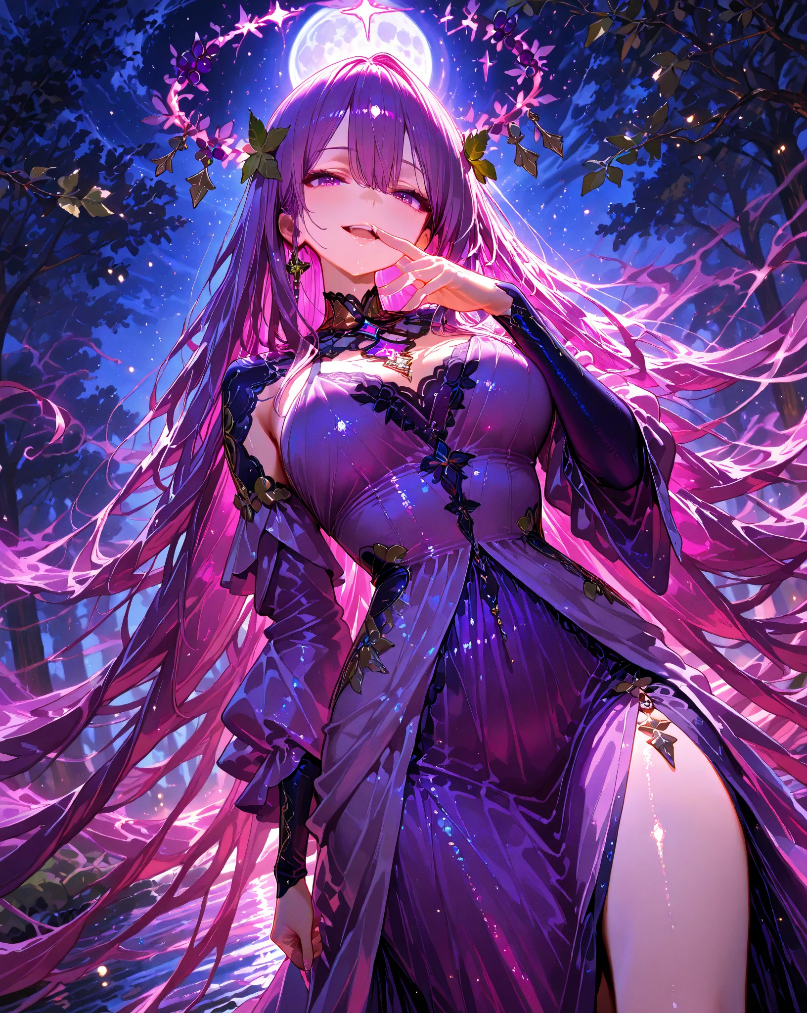 {{{{masterpiece}}}}, {{{super detailed}}}, {{{High resolution}}}, {{excellent ???????}}, (((highest quality))), ((very delicate and beautiful)), {{very detailed and delicate}}, {8k cg wallpaper},((detailed background))One female、best style、beautiful woman、The most beautiful woman in the world、Purple flowers are blooming on the purple lake surface, soft purple glow, Purple light, (purple wisteria forest), Dynamic lighting for the wisteria season, art, shining purple, Purple petals are dancing everywhere、 The blossoming path to heaven, purple glow、Purple water、purple reflective water surface、purple light、(???? sheer dress:1.5),((???????????))、show through、waterside and wisteria、Detailed design、beautiful design、???? pose、Sheer skin、shape of ??????