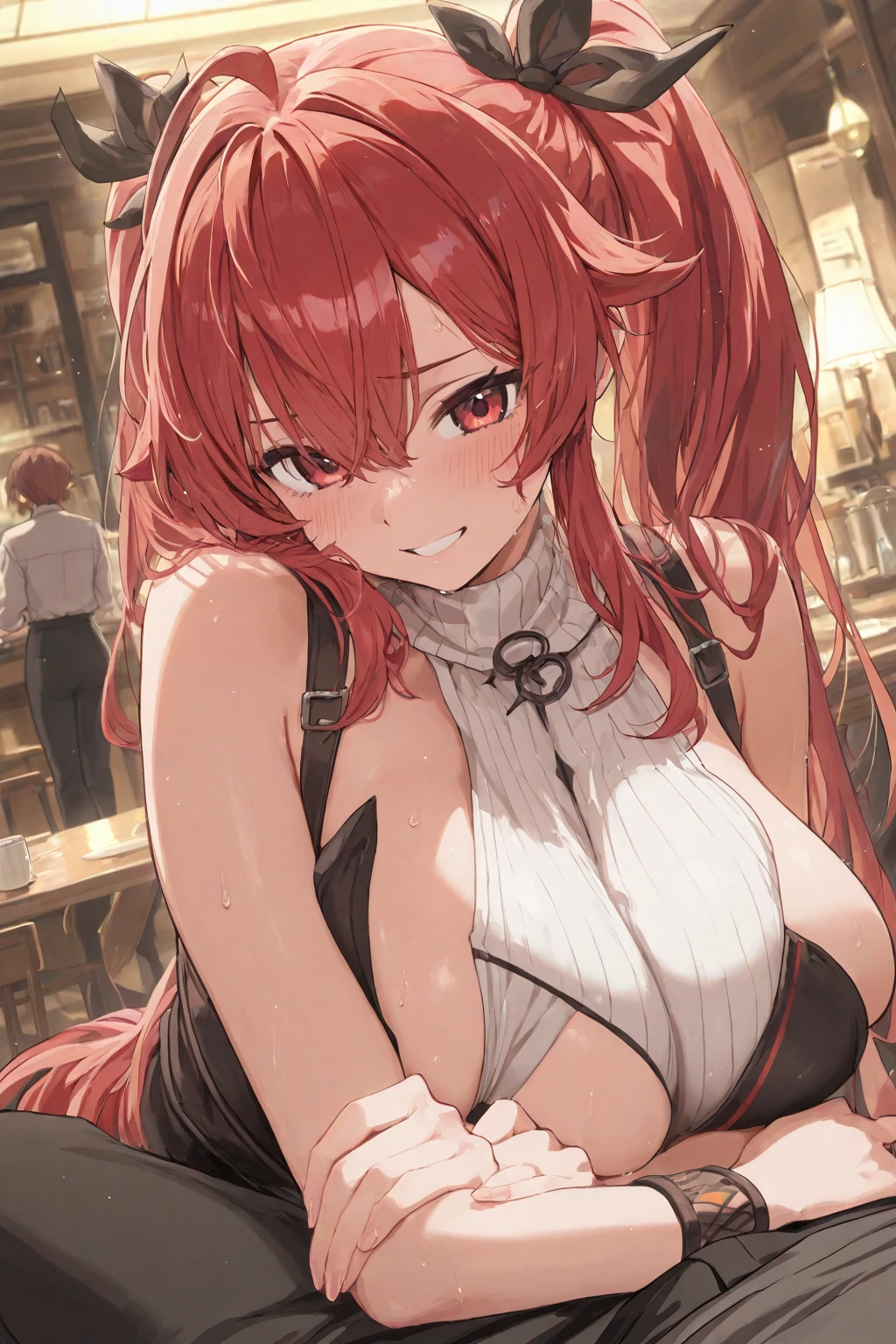 ((masterpiece)), ((best quality)), ((illustration)), ((anime coloring)), ((8k)), vulgarity, (large pointy breasts), narrow waist, big ass, ((black detailed lacework sheer nightdress)), stockings, cute, a anime 20s female, ((dark skin:1.4)), red hair, green tale, ponytail, smile, ((front view)), bar, night,