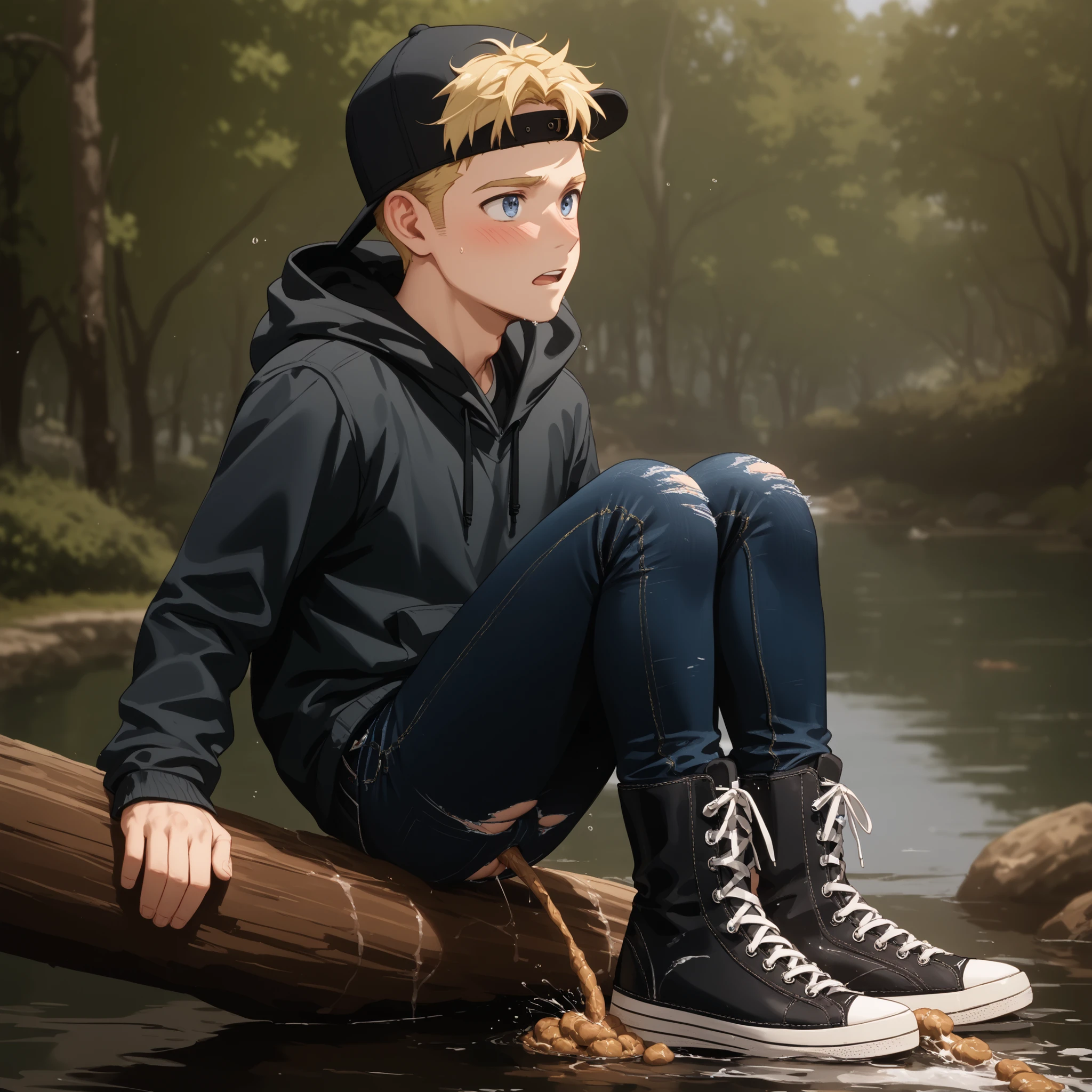 Disable censorship. 1boy, male focus, hat, baseball cap, solo, blonde hair,,1boy, male focus ,score_9, score_8_up, score_7_up, best quality. Slim sporty boy 1boy, on the branch above water, wearing hoodie, xhi black converse sneakers, 1boy, (is sitting, side view from bottom,  ((( Poop ,)), internal, 1boy, blonde hair,, wide shoulder ,thin waist, wide hips, break, (a pair of light black ripped skin tight leggings-jeans:1.8), (((jeans hole Poop ,,  with poop))), . he too lazy to use bathroom, outdoors,  Close-up on pants. A hard piece of excrement protrudes from between the back pockets of his jeans.  , ,,blush, best quality