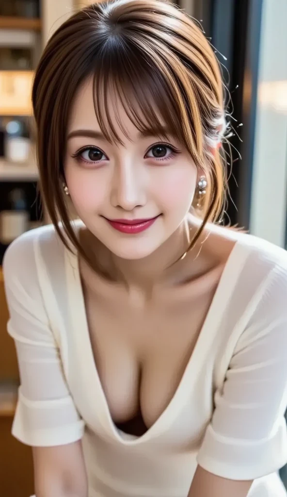 (logo, masterpiece, 8K, Tabletop, RAW Photos, wonderful, 最high quality, Photorealistic and very detailed CG composite 8k wallpaper, high quality, Very detailed, Narrative poem, Particle Effects, Dynamic Effects, Depth of the Boundary, Cinematic Light, Lens flare, Ray Tracing), short hair beautiful young woman, Hair tied back, high detail skin, very fine, fine skin texture, beautiful face, realistic eyes, beautifully detailed eyes, realistic skin, beautiful skin, surreal, smiling eyes, Hair and light eyes, Vibrant, Colorful lights and bokeh. The lighting casts a warm glow on her face and hair, Blue glow, Water surface reflection, Creates a dreamy and magical atmosphere, Big Breasts, Brown Hair, short hair, plump lower lip, pink blush on the cheeks , pink lips, brown tight no-shoulder knit sweater