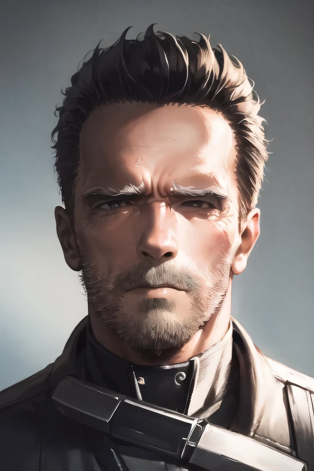 Face without damage,can you draw more delicate expressions,dark background，,can you draw a clear expression of a Terminator soldier,Age 50，Dark Haired Man,