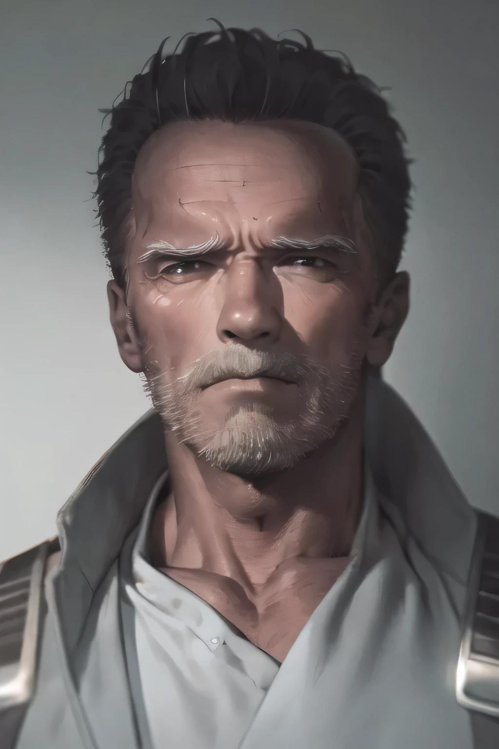 Face without damage,can you draw more delicate expressions,dark background，,can you draw a clear expression of a Terminator soldier,Age 50，Dark Haired Man,