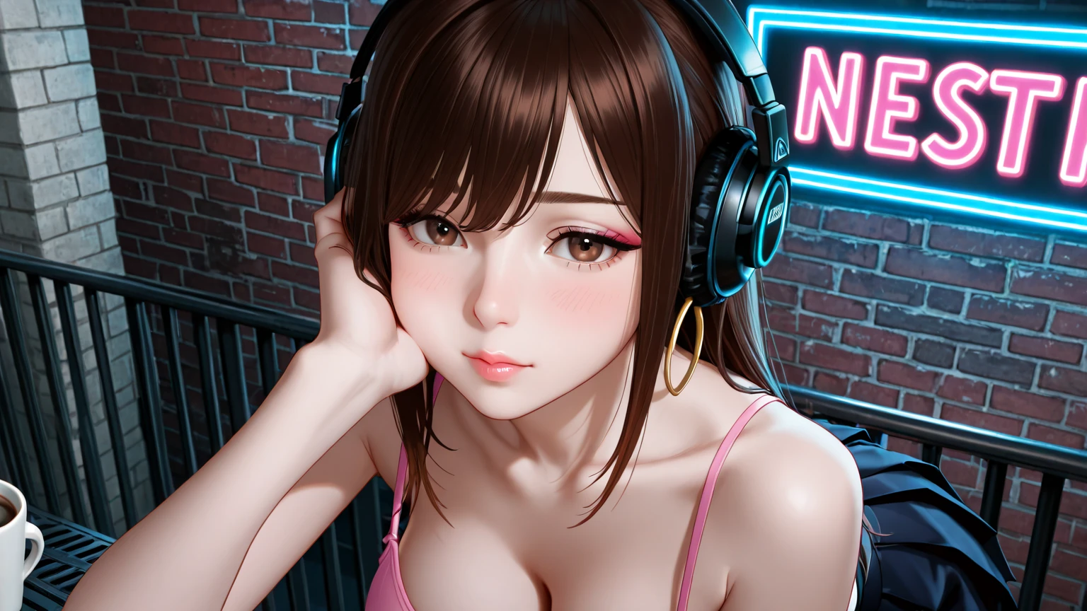 ​masterpiece, 1 beautiful girl, Detailed eye, Swollen eyes, top-quality, 超A high resolution, (reality: 1.4), Movie Lighting, japanes, a asian beauty, very extremely beautiful, Beautiful skins, A slender, Forward-facing body, (A hyper-realistic), (hight resolution), (8K), (ighly detailed), ( Best Illustration), (beautifully detailed eyes), (ultra-detailliert), Detailed face, Bright lighting, Professional Lighting、The background is a cyberpunk room with many monitors.......、The cord is connected from the costume、Long Hair Color Pink、headset on head、small tattoo on face、Female DJ、gazing at viewer